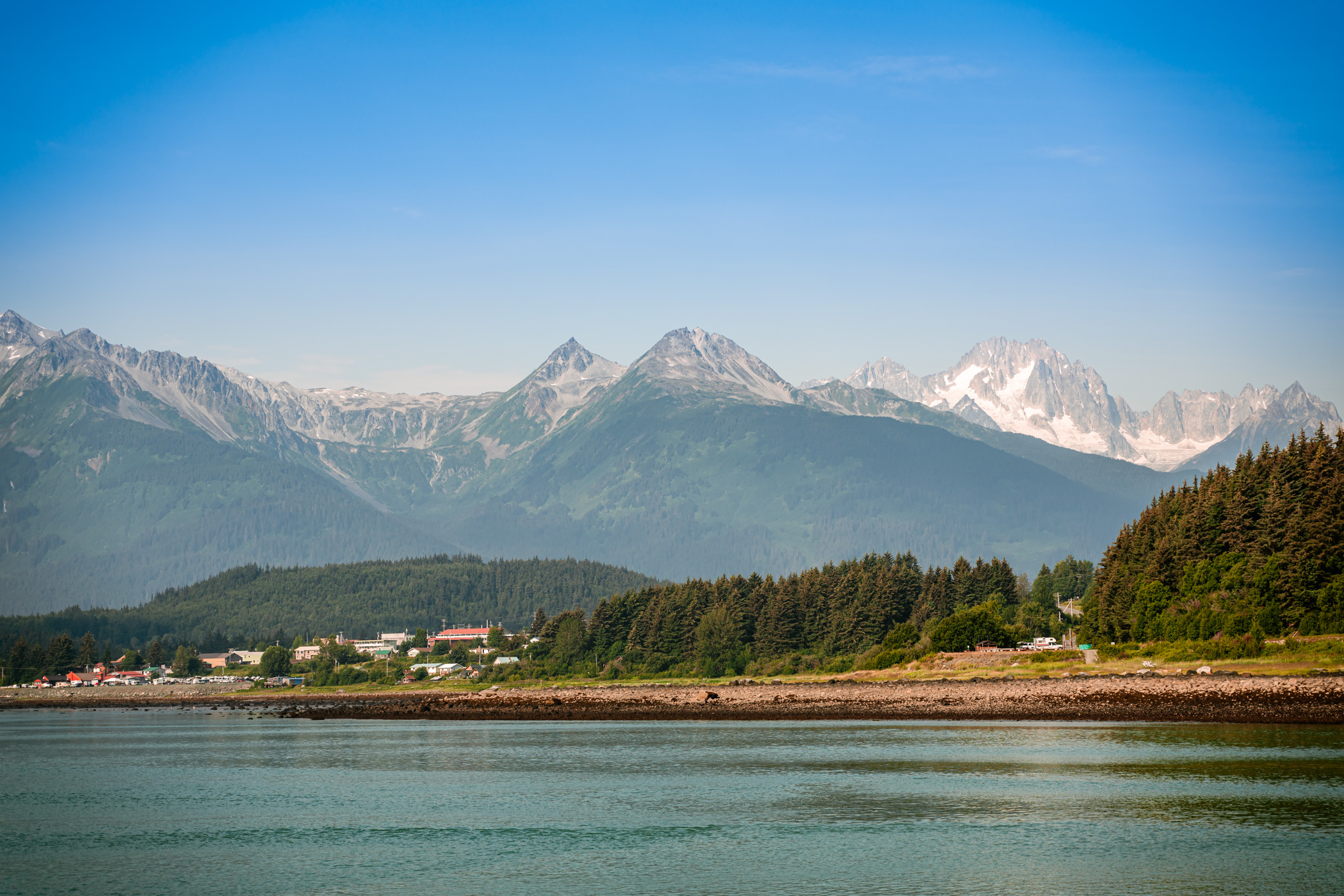 Mountains rise over the small town of Haines, Alaska.