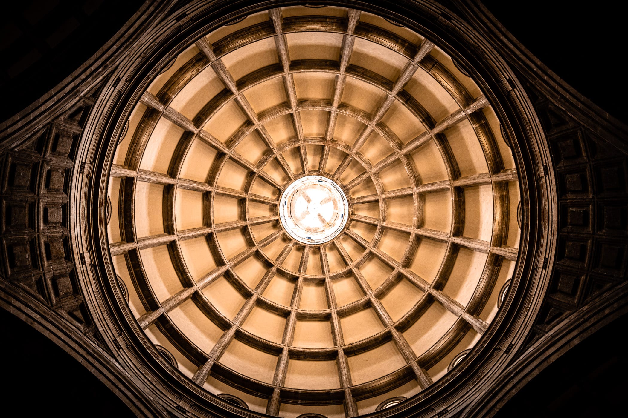 The central oculus of the vaulted ceiling of Catedral de San Ildefonso in Mérida, Mexico