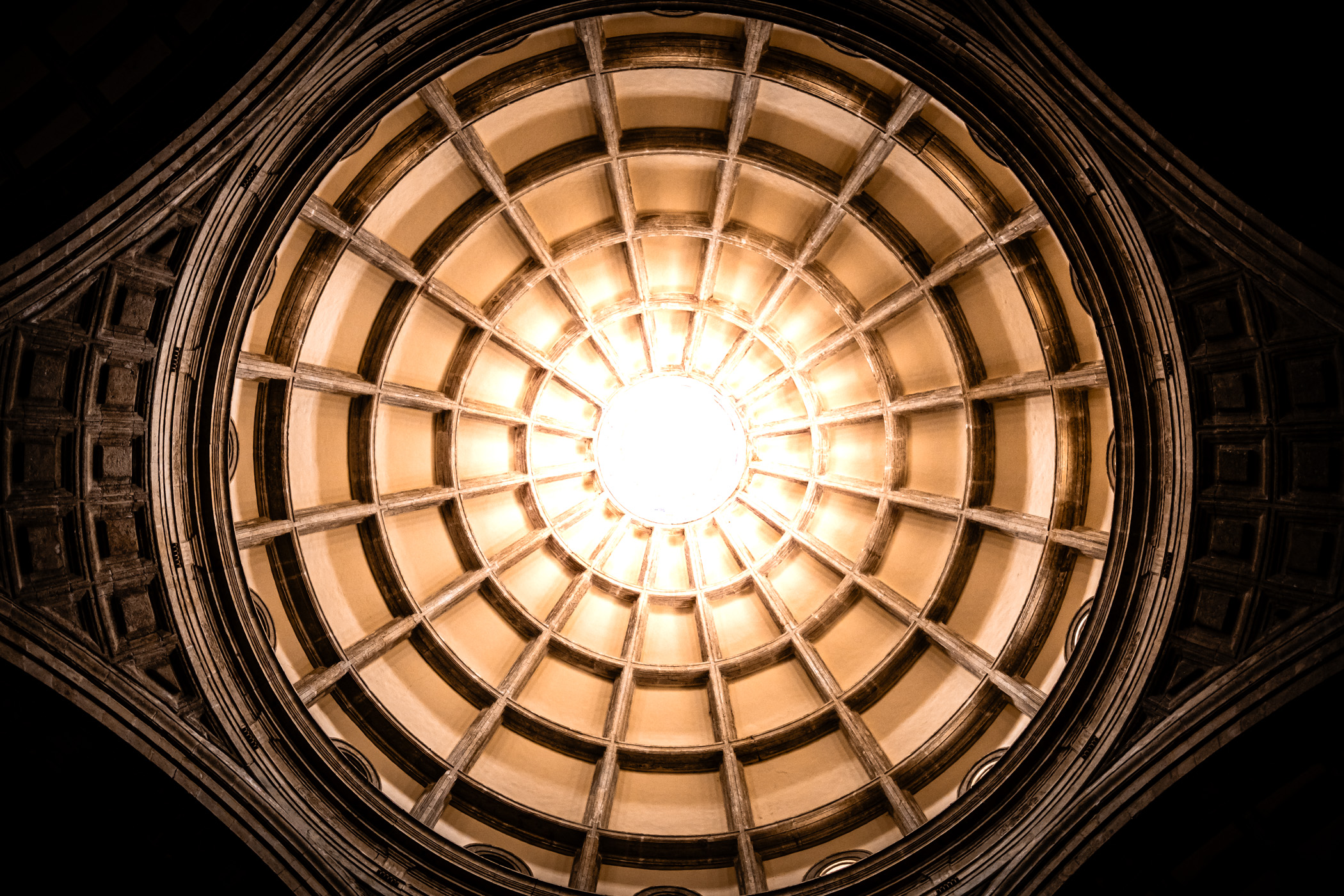 The central oculus of the vaulted ceiling of Catedral de San Ildefonso in Mérida, Mexico