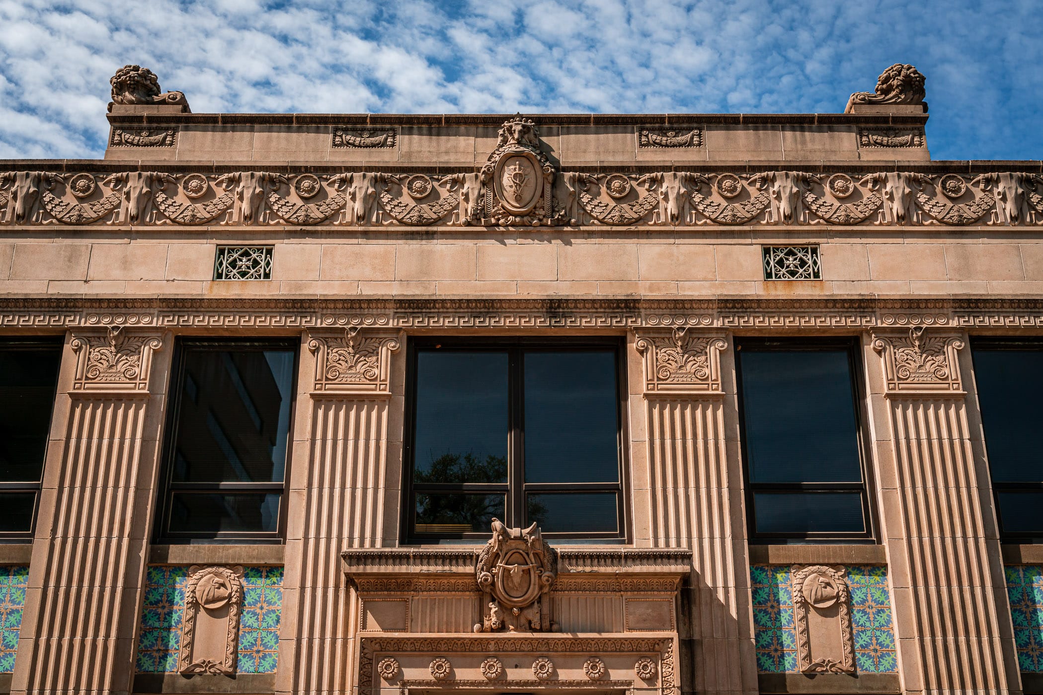 Architectural detail of the Haynes Engineering Building—originally built as a veterinary hospital in 1932—at Texas A&M University, College Station, Texas.