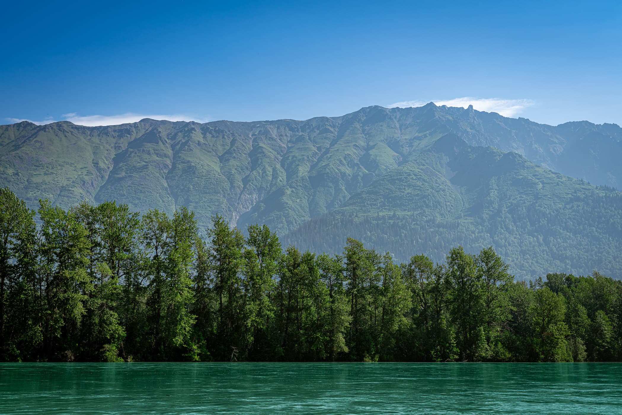 The mountains of the Chilkat Range rise over the nearby Chilkat River near Haines, Alaska.