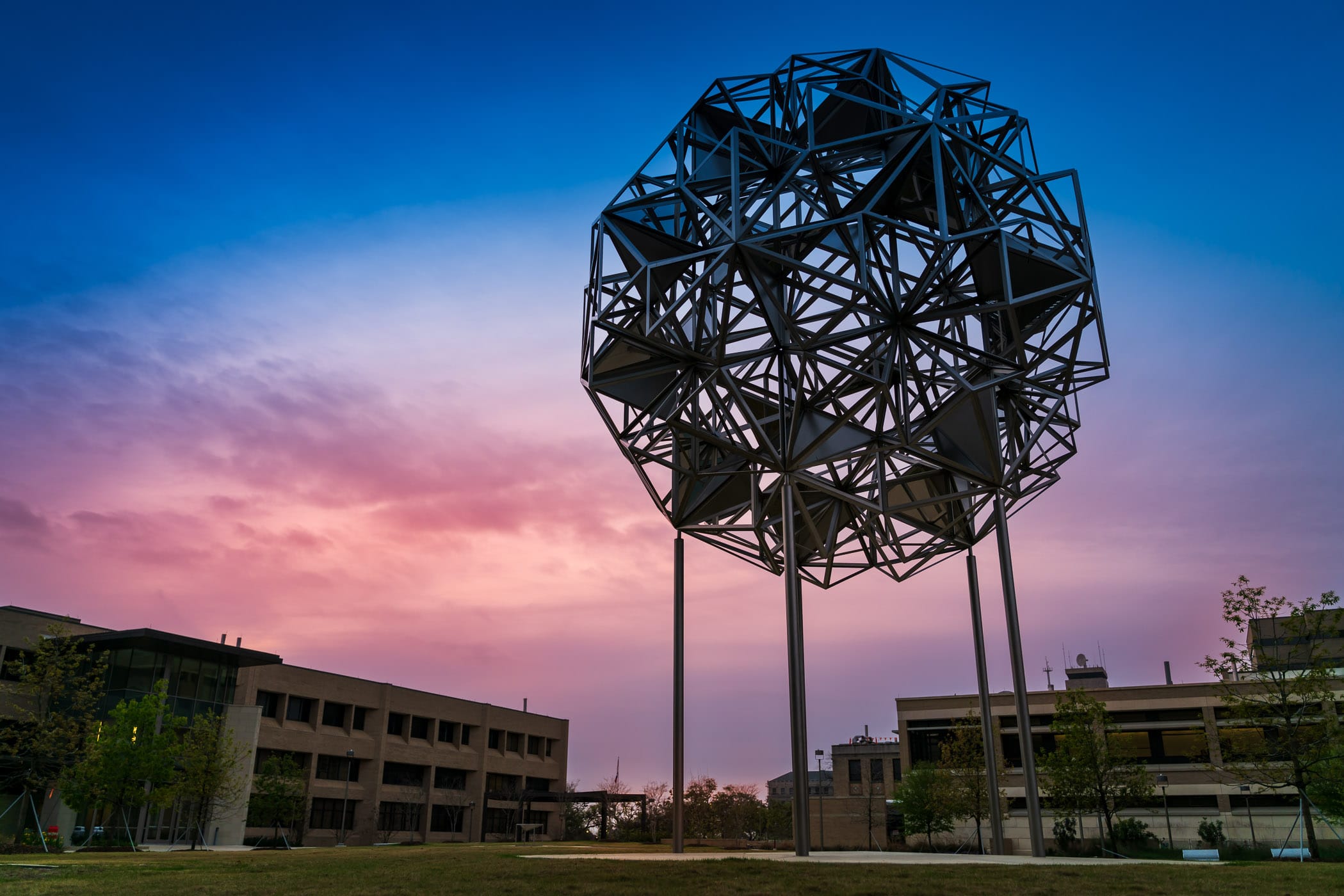 Sculpture Olafur Eliasson's "How to Build a Sphere Out of Cubes" on Texas A&M University's Engineering Quad.