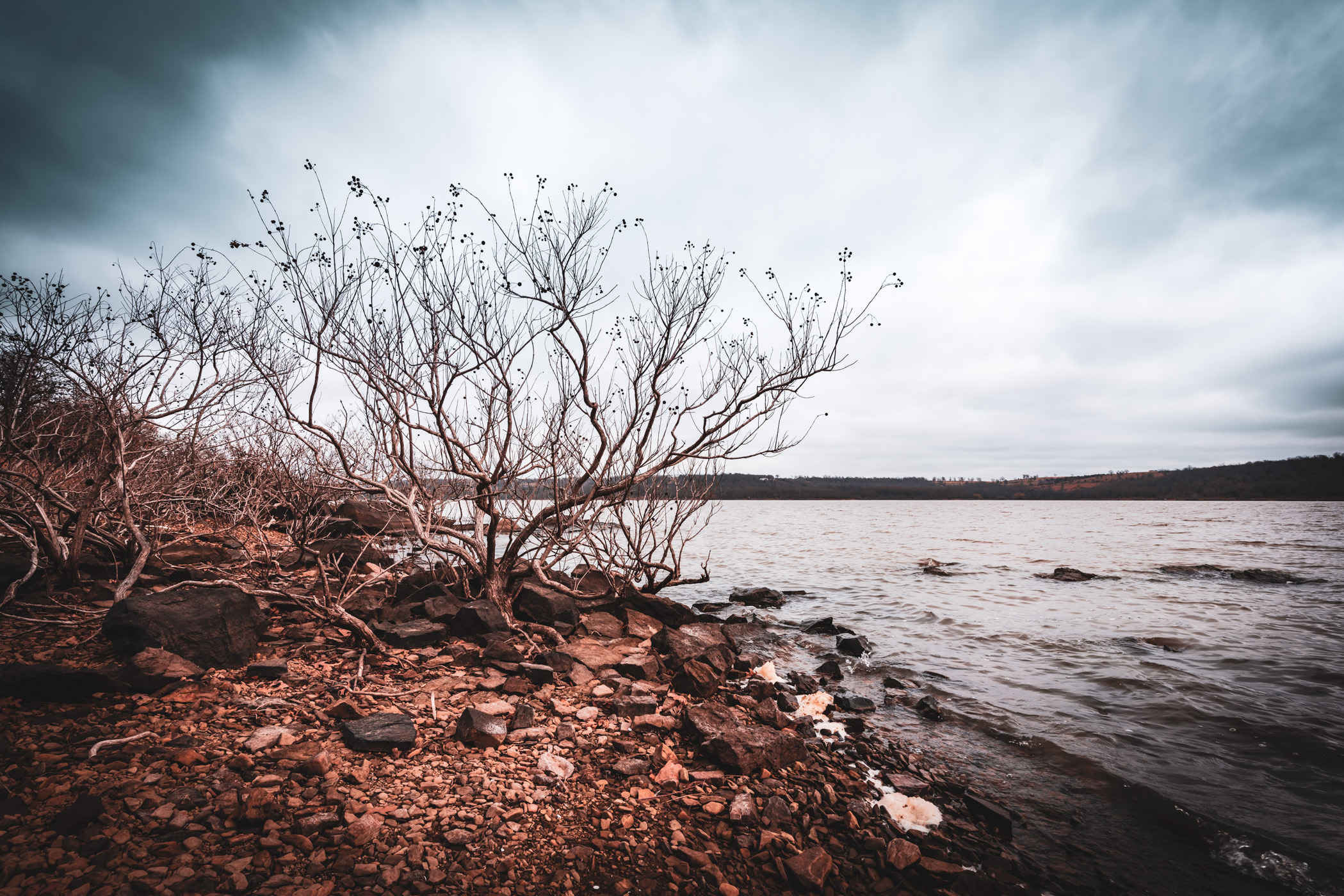 The rocky, wintry shore of Lake Eufaula at Arrowhead State Park, Oklahoma