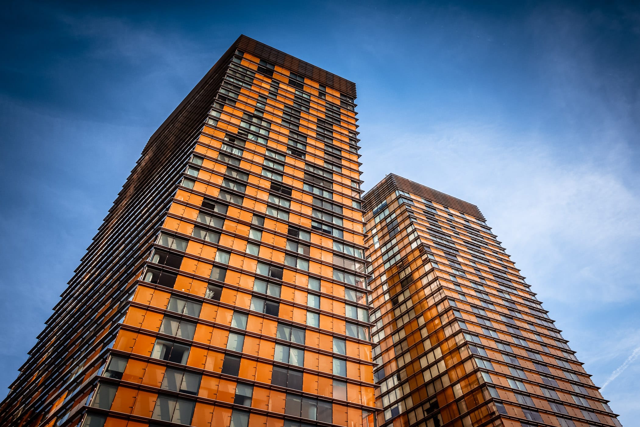 The Veer Towers rise into the blue Nevada sky at CityCenter, Las Vegas.