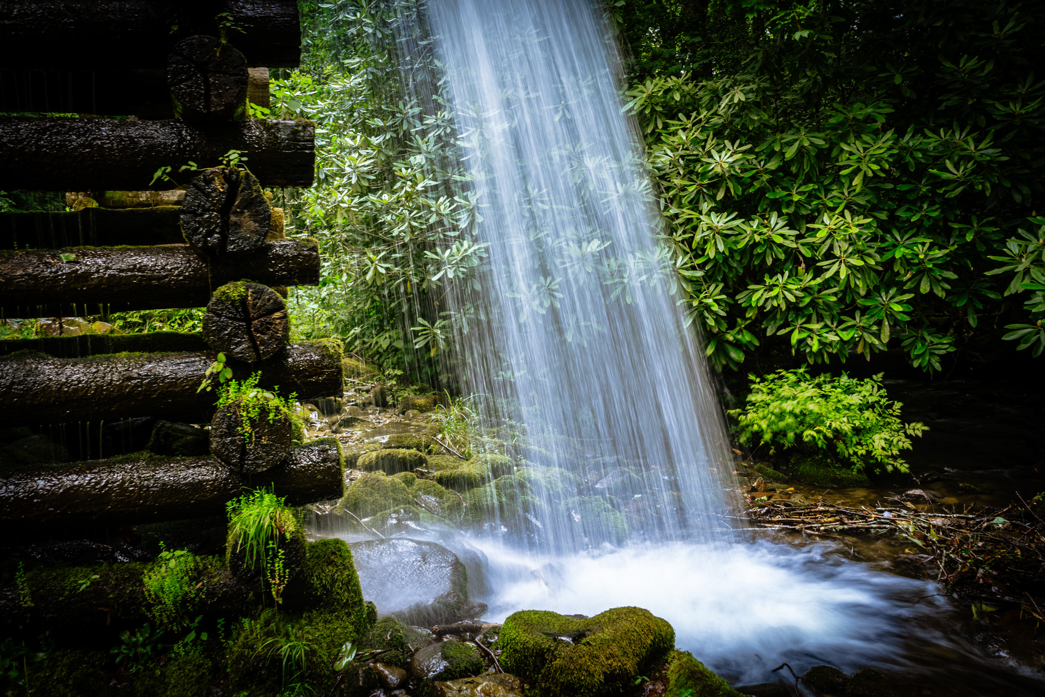 Water overflows Mingus Mill in Tennessee's Great Smoky Mountains National Park.