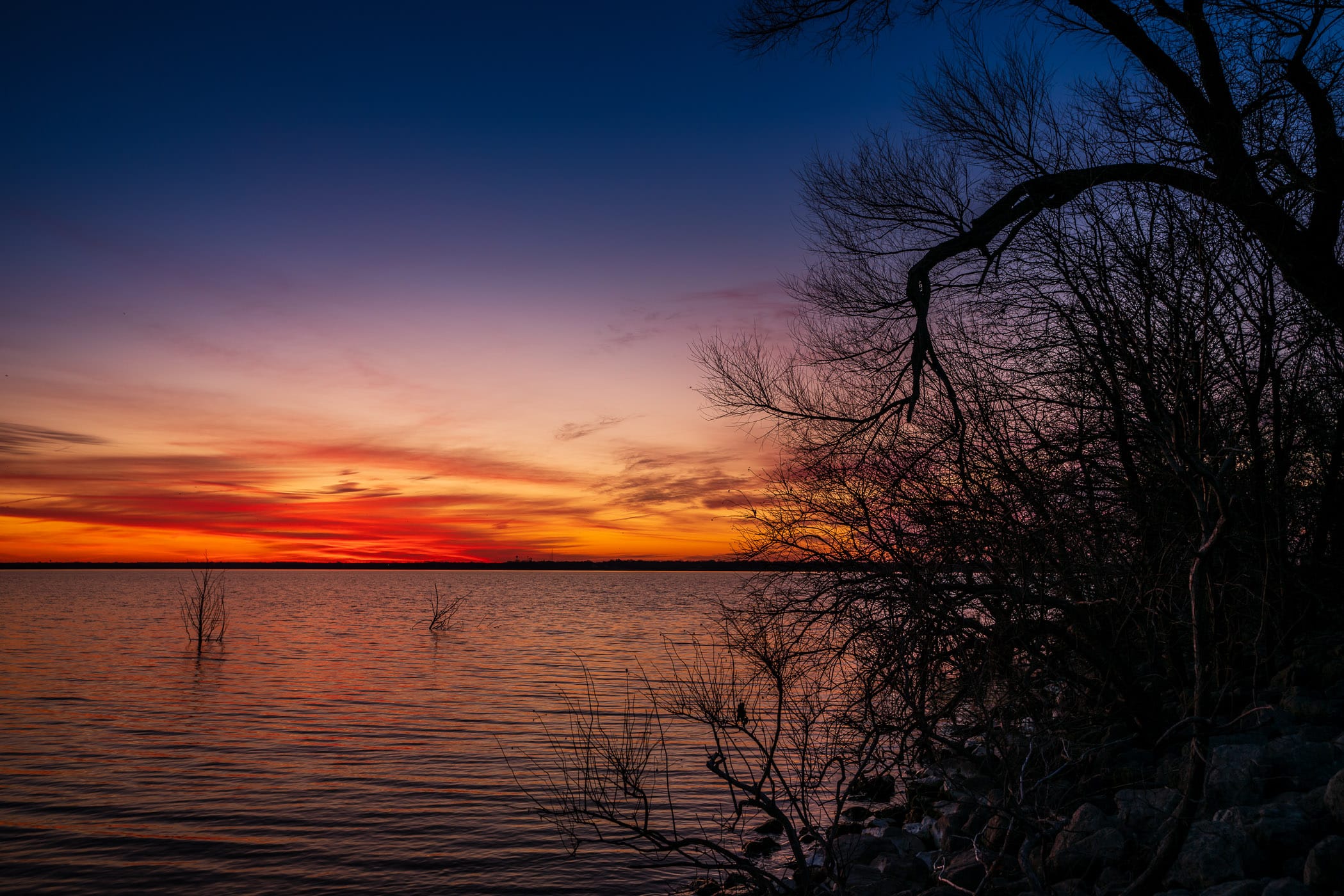 The sun rises on North Texas' Lake Lavon.