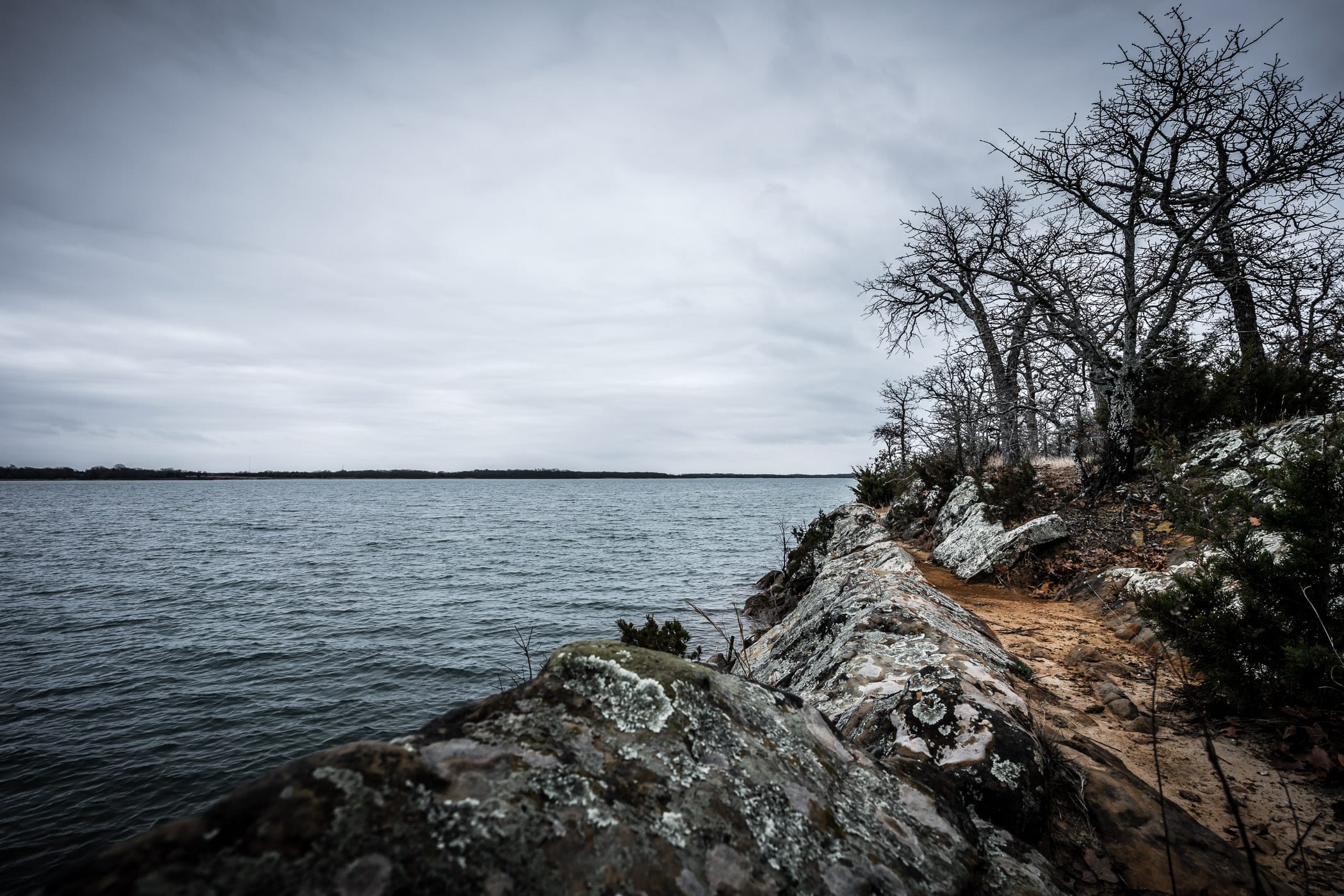 Trees and rocks on a dreary day at Oklahoma's Lake Murray State Park.