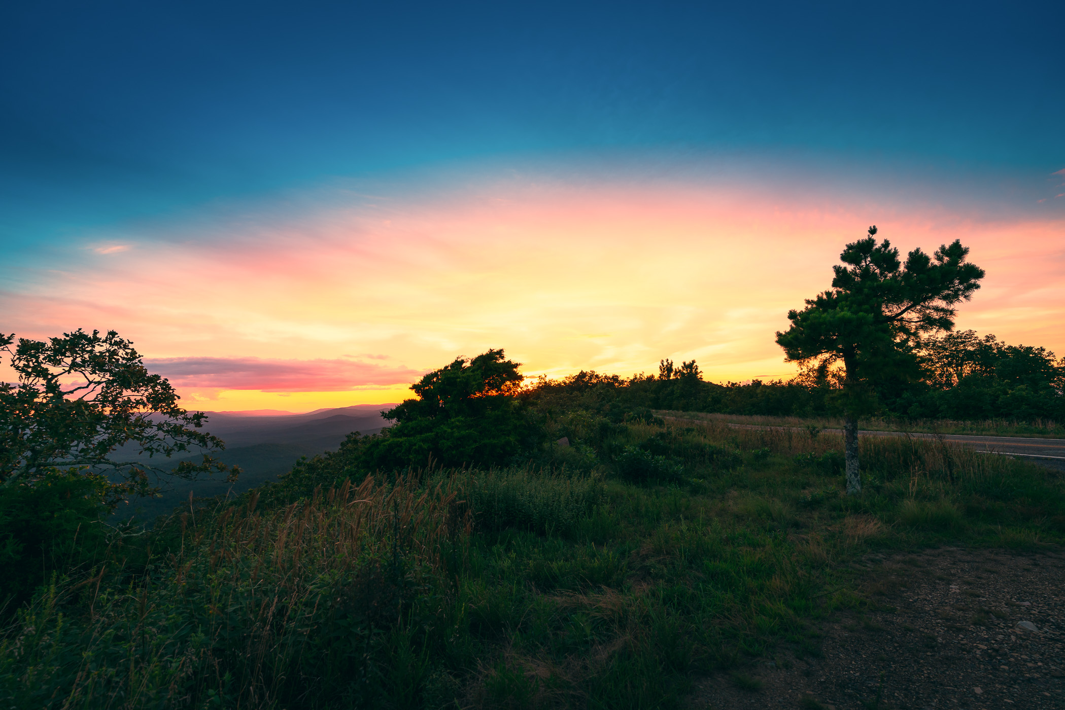 The sun sets on the Ouachita Mountains along the Talimena National Scenic Byway near Mena, Arkansas.