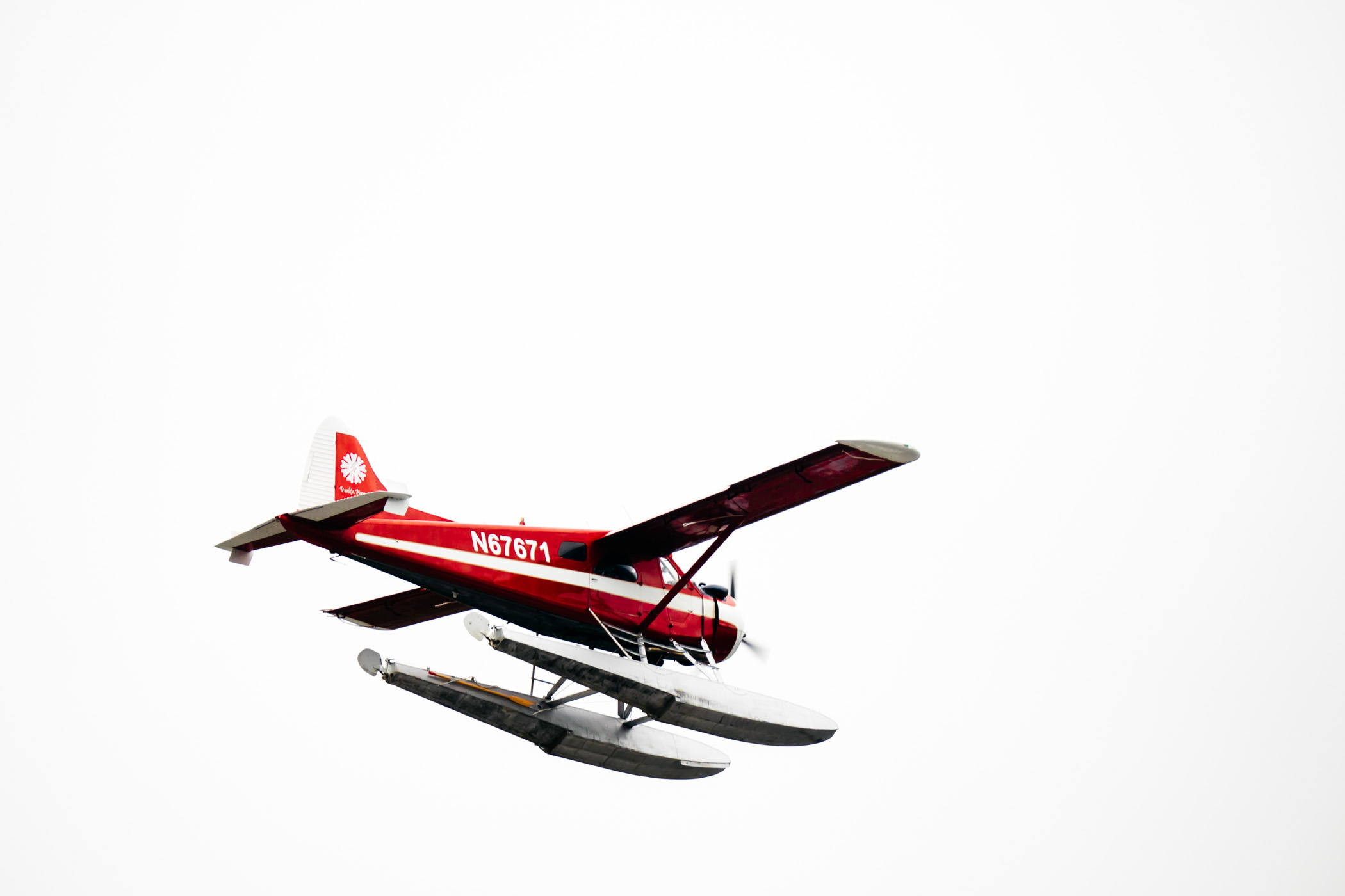 A floatplane prepares to land on the Tongass Narrows at Ketchikan, Alaska.