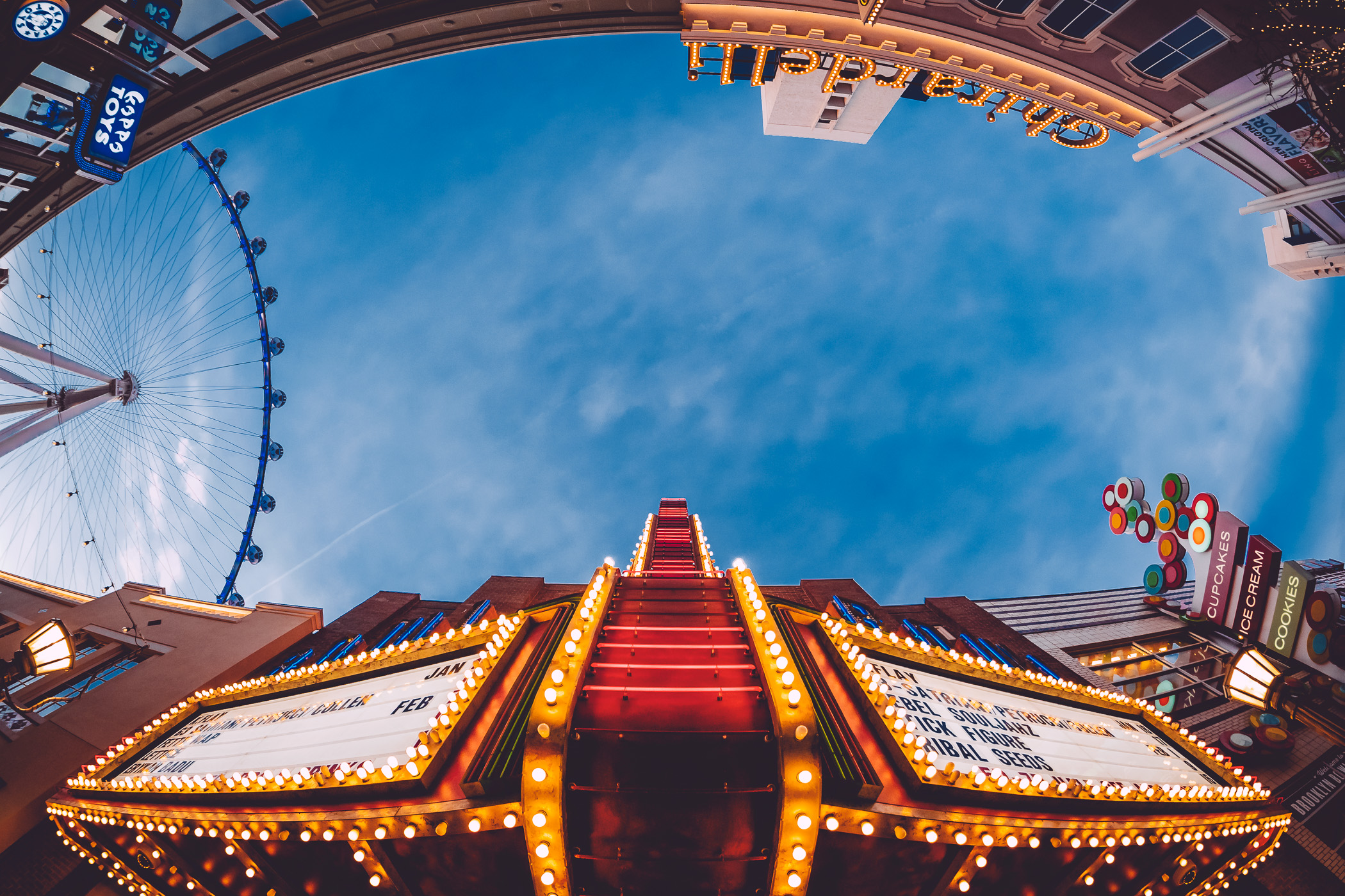 The blue sky of the Las Vegas Valley as seen from the Linq Promenade.