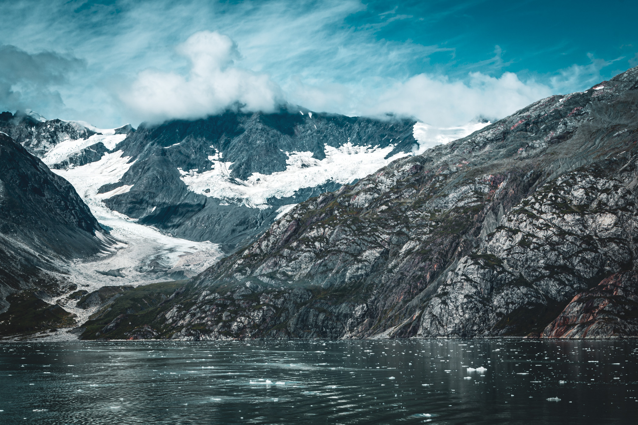 The mountainous landscape of Alaska's Glacier Bay.