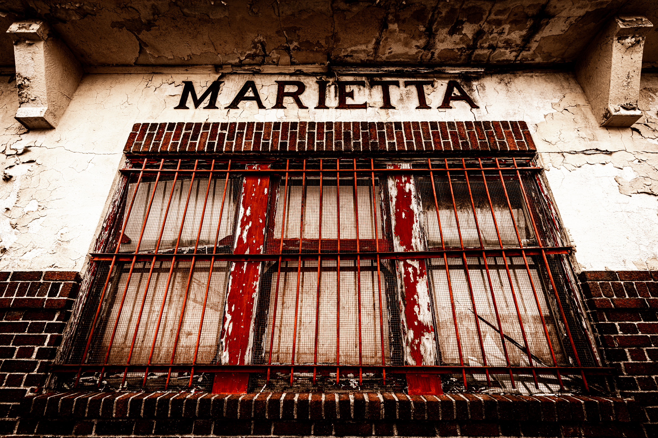 Detail of the abandoned train depot at Marietta, Oklahoma.