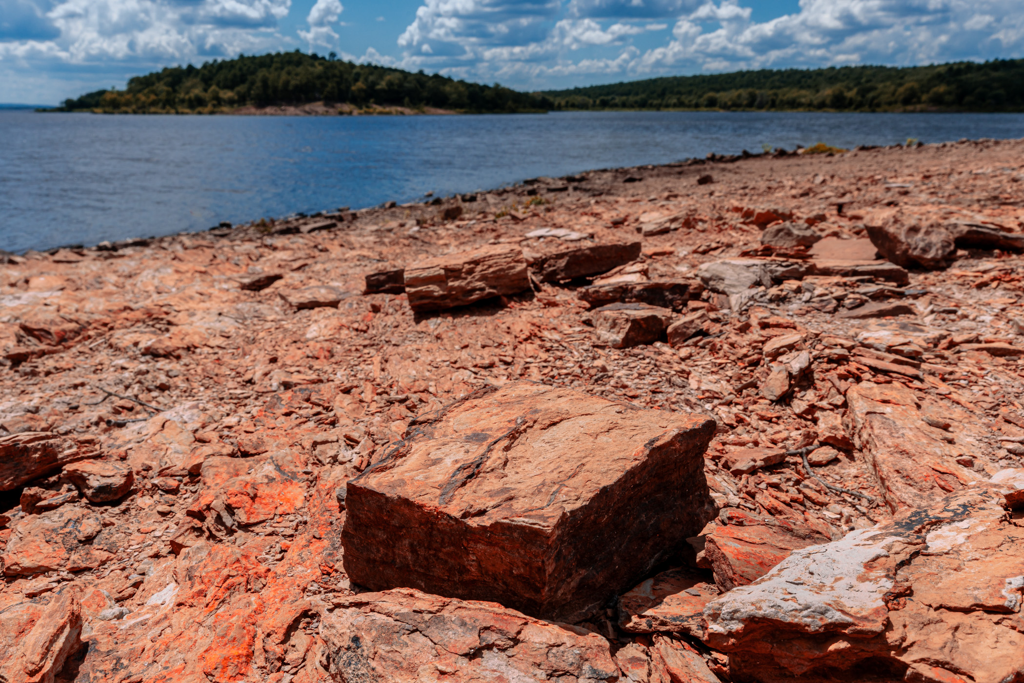 The rocky shore of Oklahoma's Lake Wister at Lake Wister State Park.