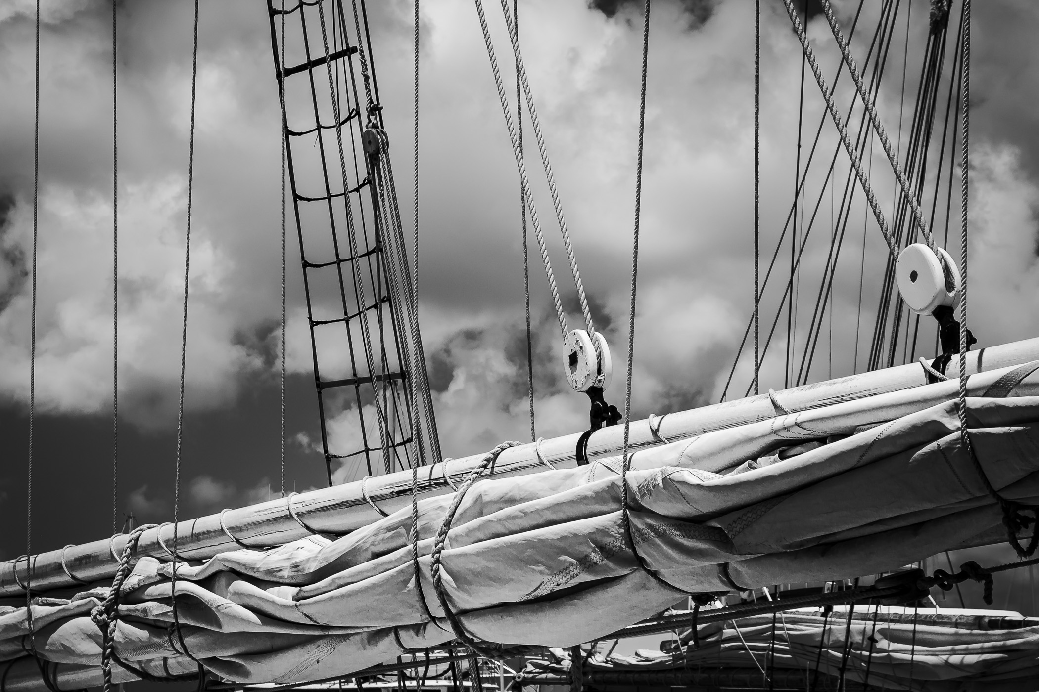 Ropes and sails on a sailboat in Key West, Florida.