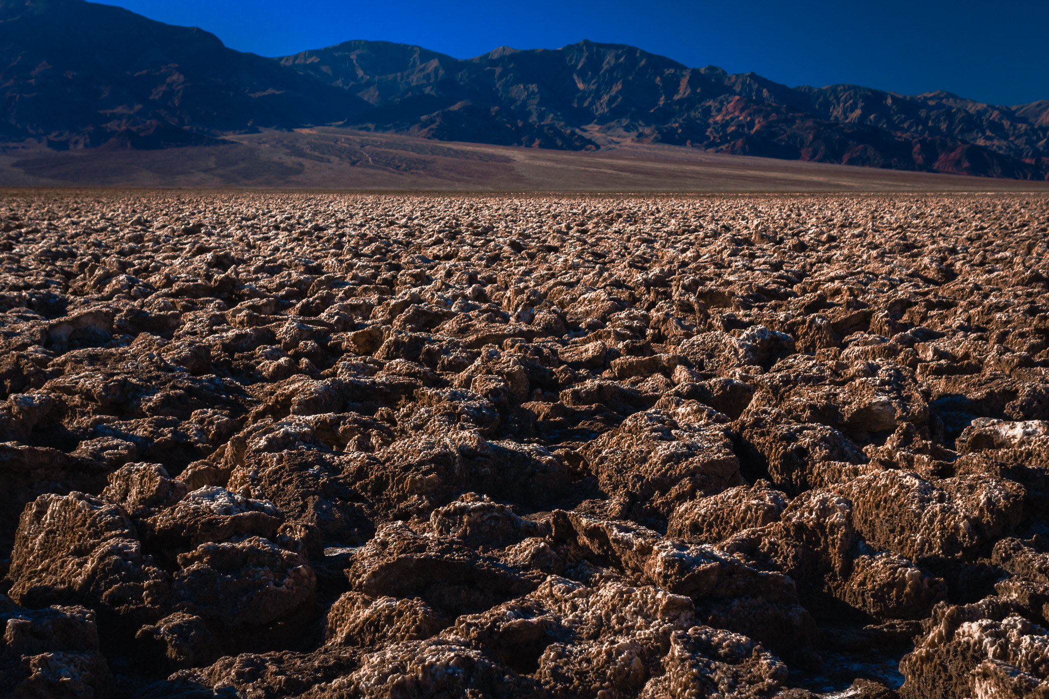 Rugged halide crystals line the desert ground at the Devil's Golf Course, Death Valley, California.