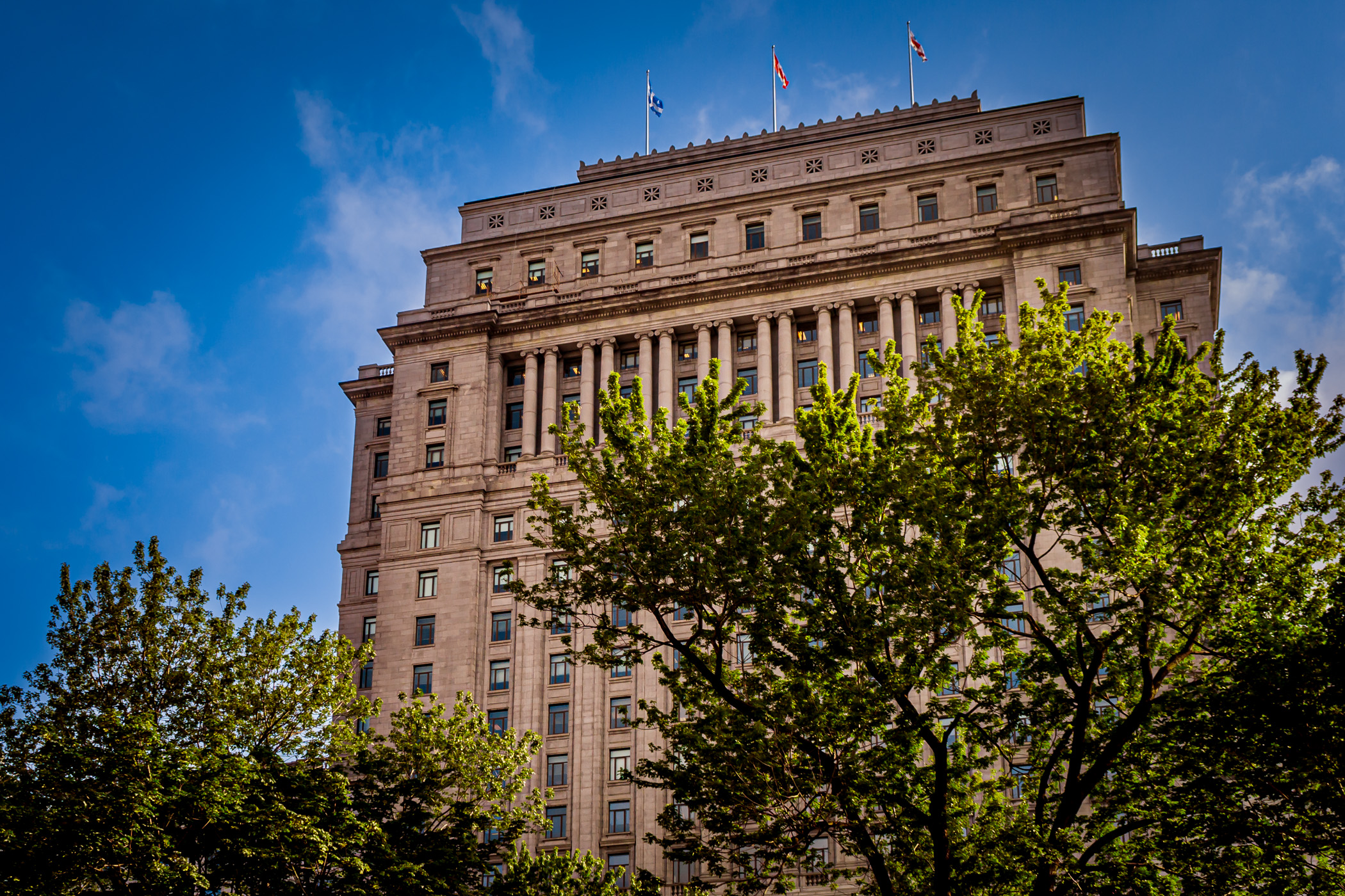 The historic 122-meter (400 ft) Sun Life Building peeks over trees at Dorchester Square, Montréal, Québec.