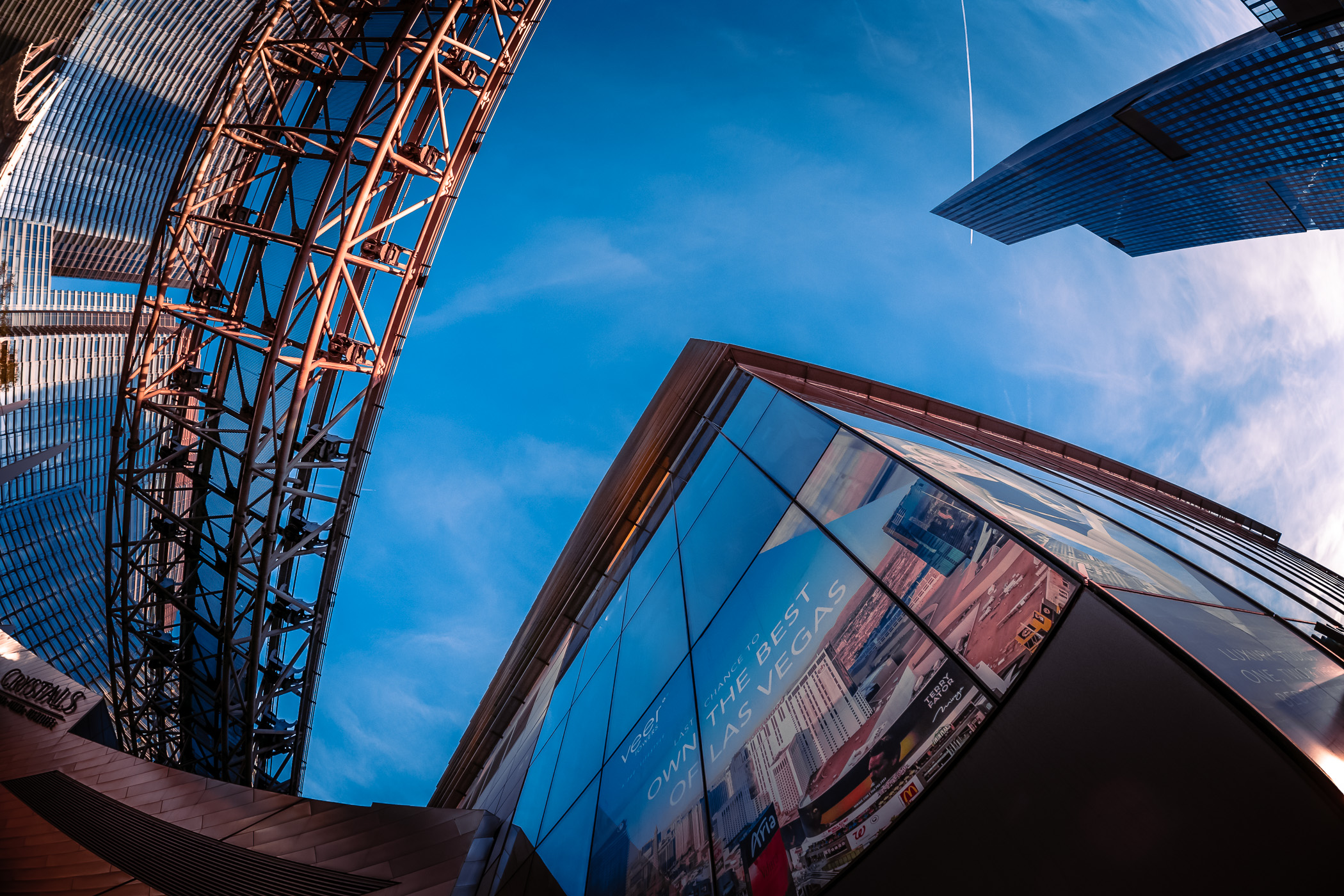 The Aria, Shops at Crystals, Veer Towers and Waldorf-Astoria stretch into the sky at Las Vegas' CityCenter.