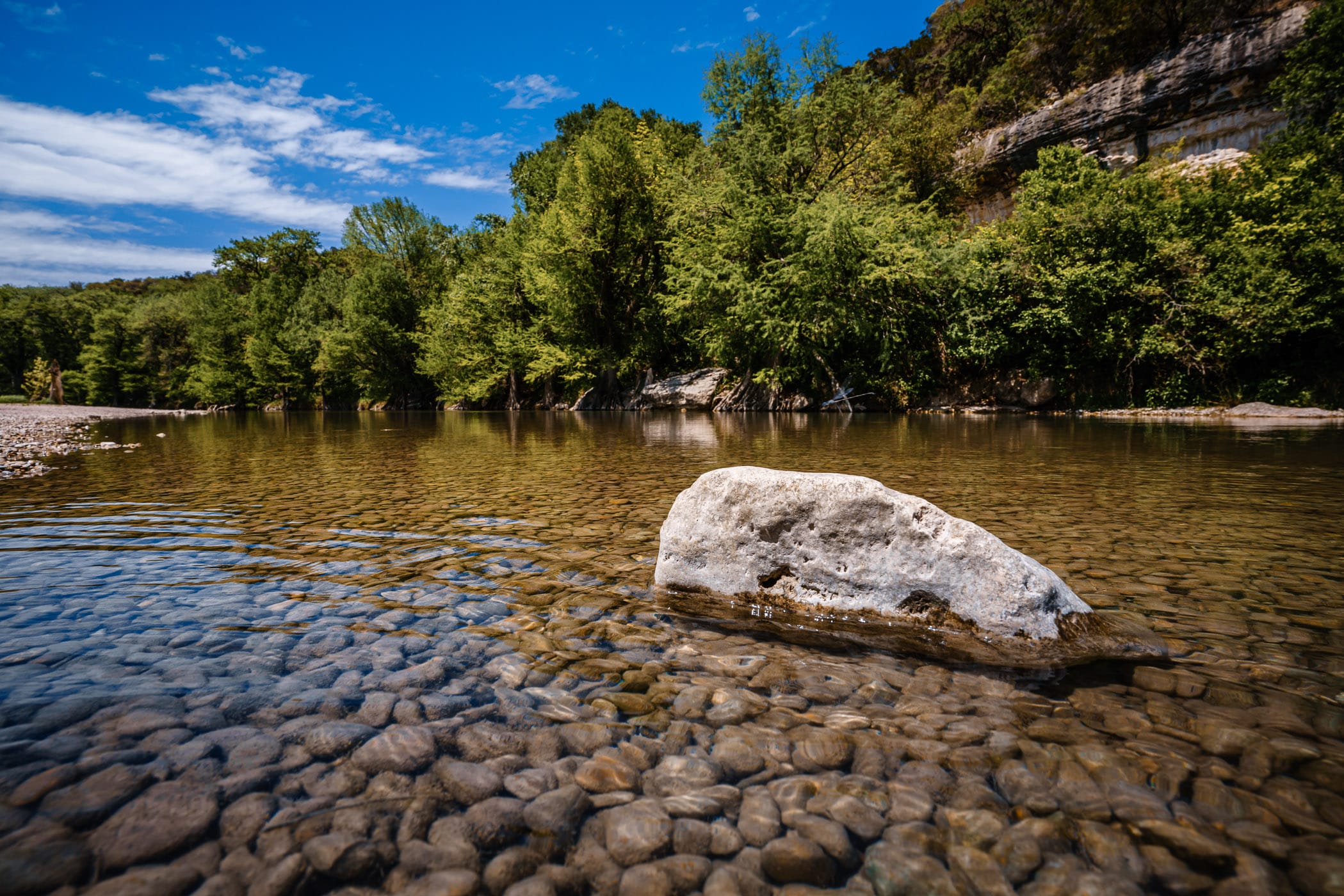 The rocky riverbed of Central Texas' Guadalupe River at Guadalupe River State Park.