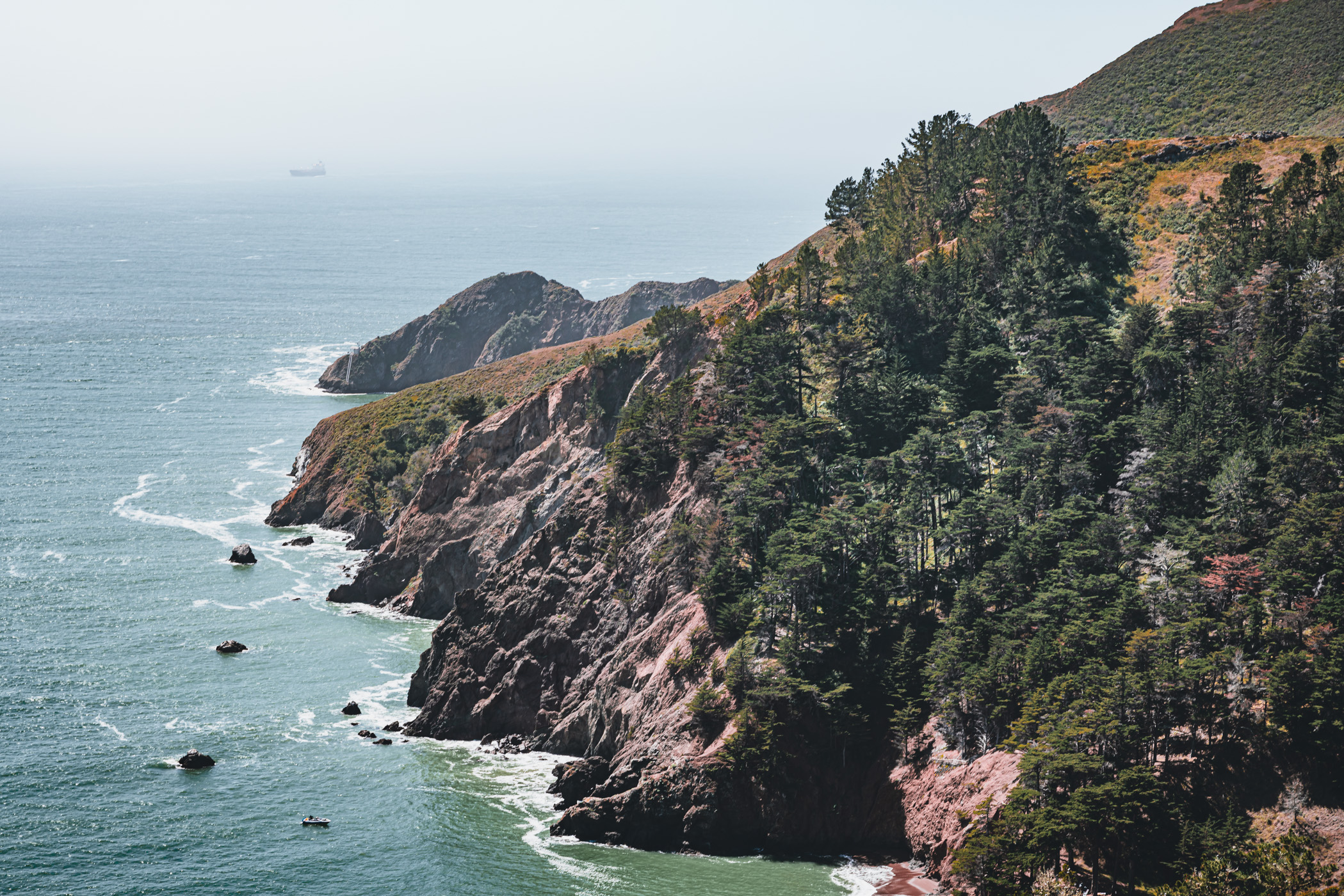 The rugged landscape of Kirby Cove along the Marin Headlands coast, California.