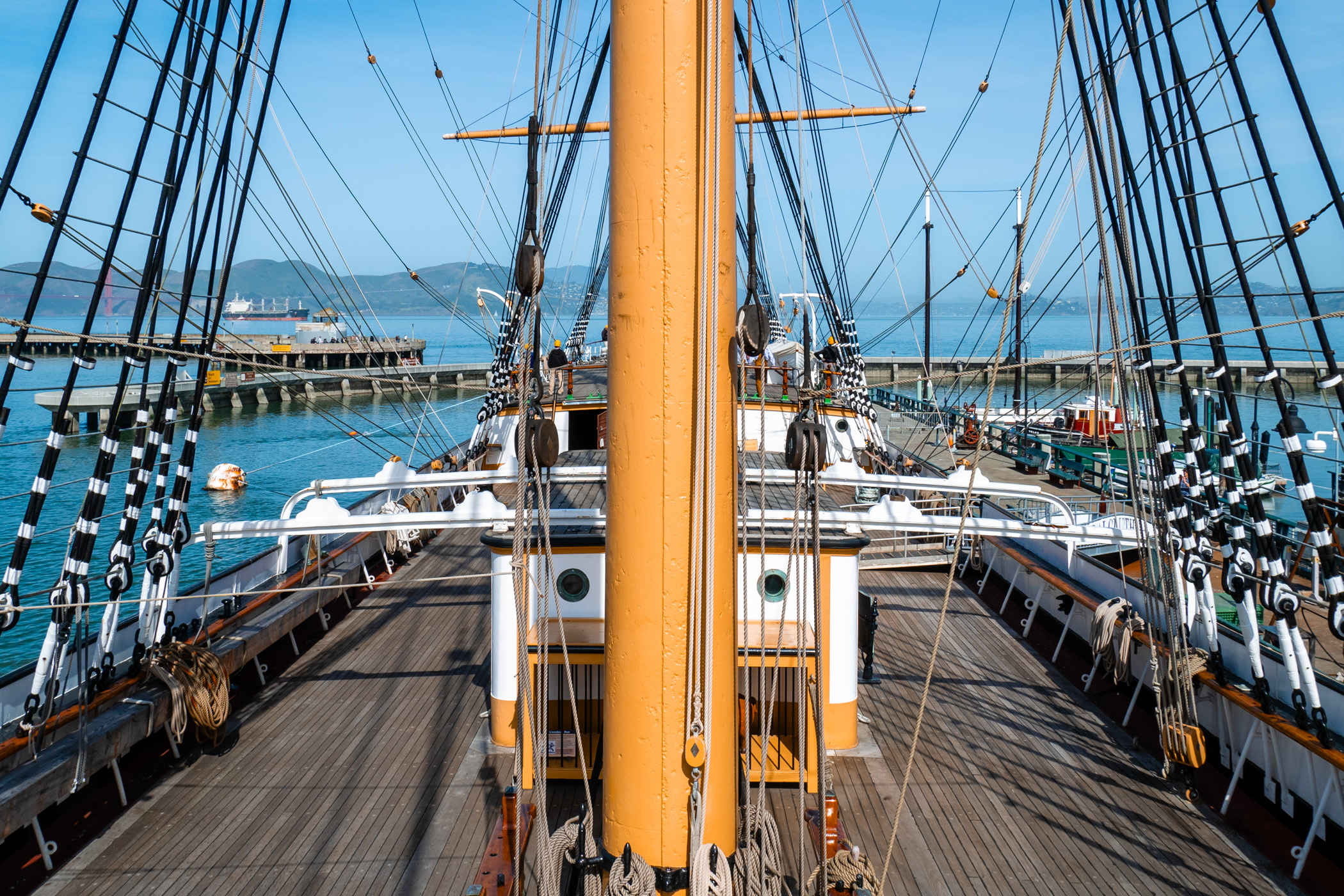 One of the three masts of the 1886 square-rigged ship Balclutha, now in the collection of the San Francisco Maritime National Historical Park.