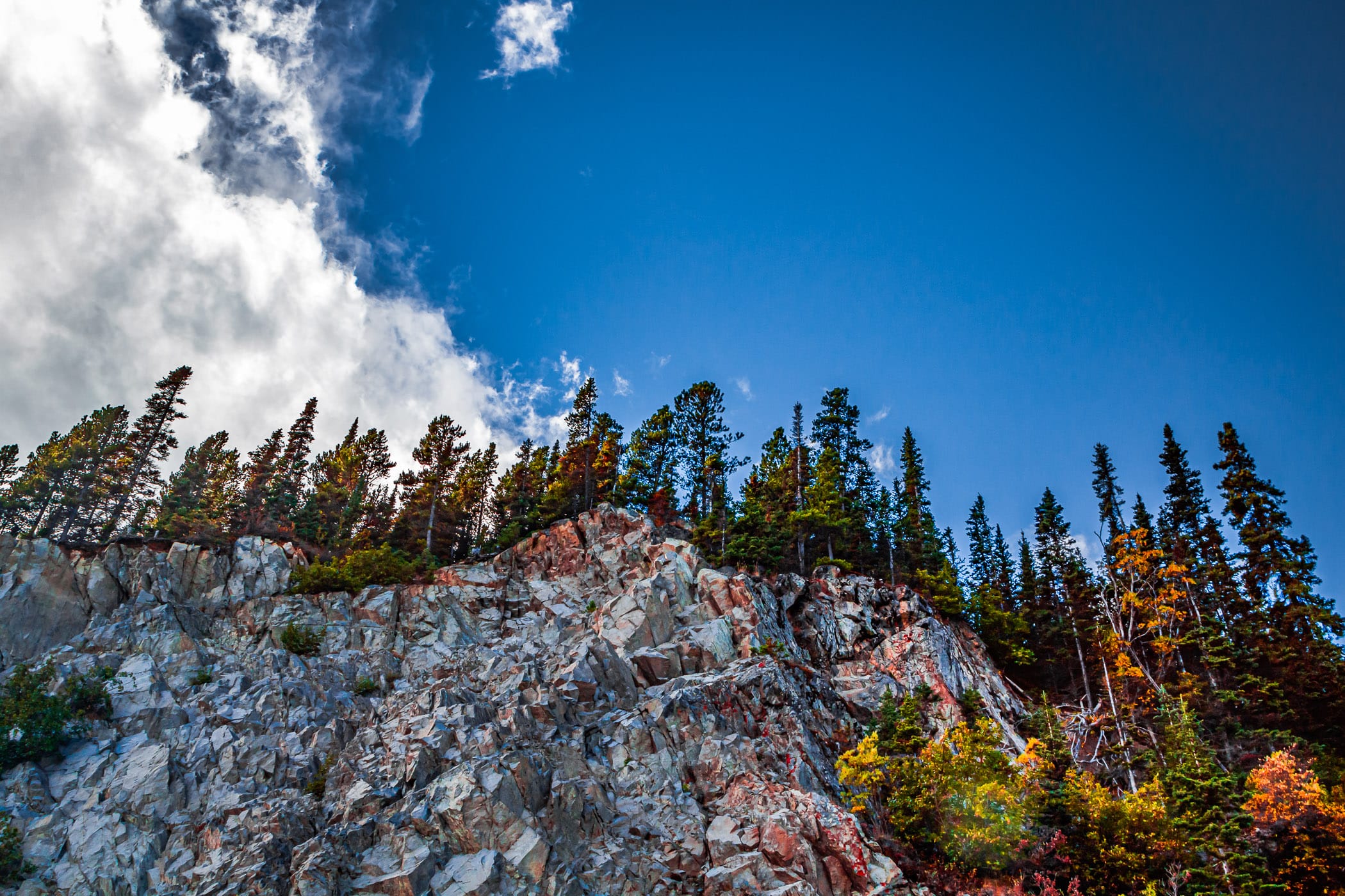 Evergreen trees grow atop a rocky ridge along the Klondike Highway in British Columbia's Stikine Region.