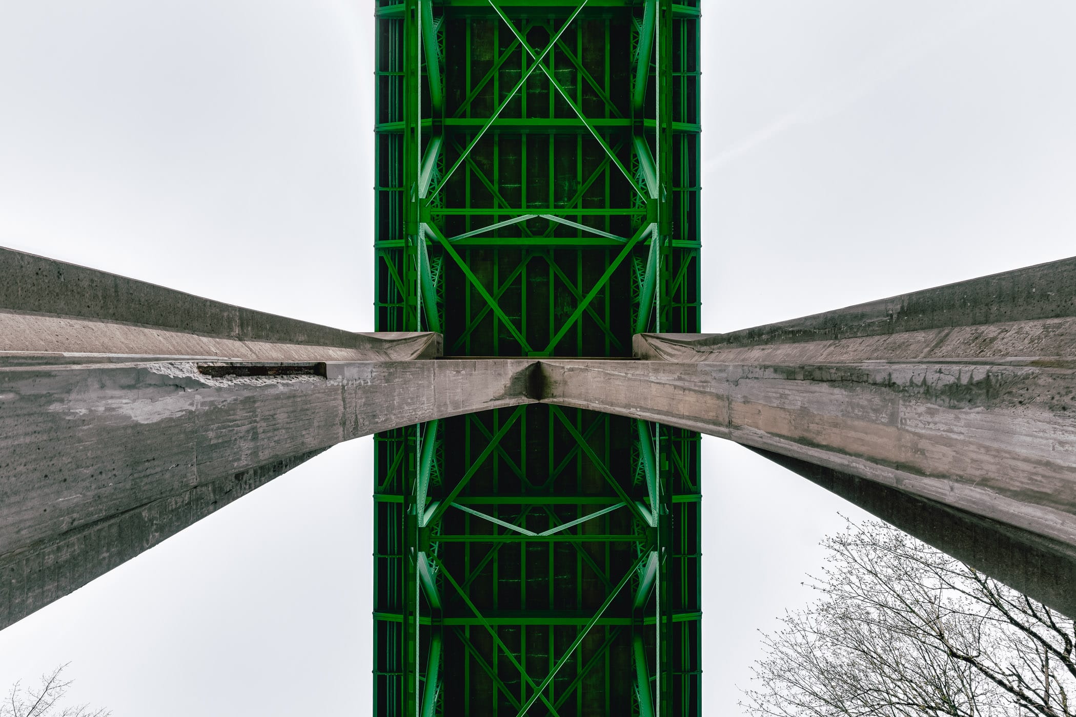 Detail of Portland, Oregon's St. Johns Bridge as it arches over Cathedral Park.