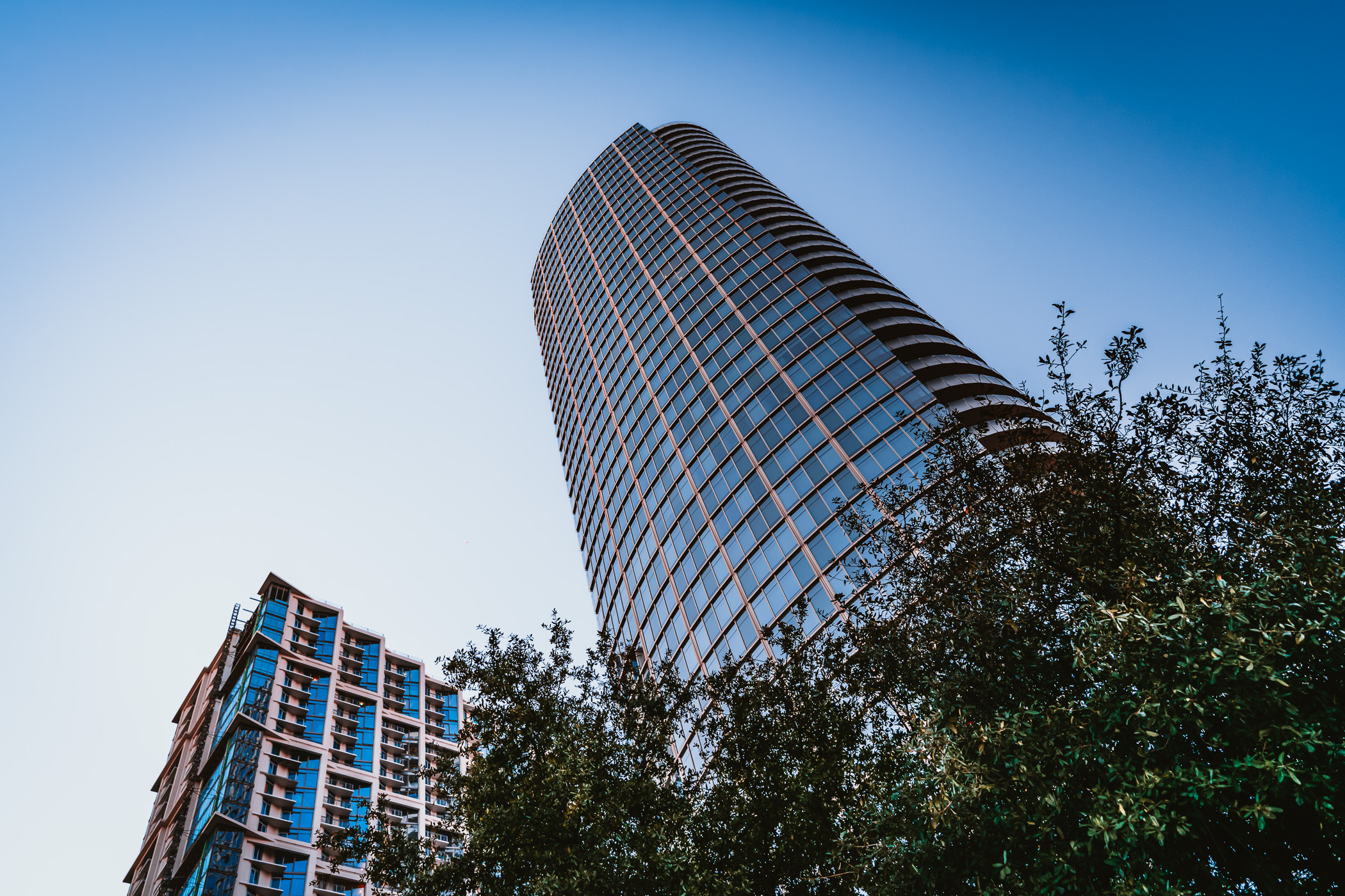 The Dallas Arts District's Museum Tower and adjacent Atelier reach into the North Texas morning sky.