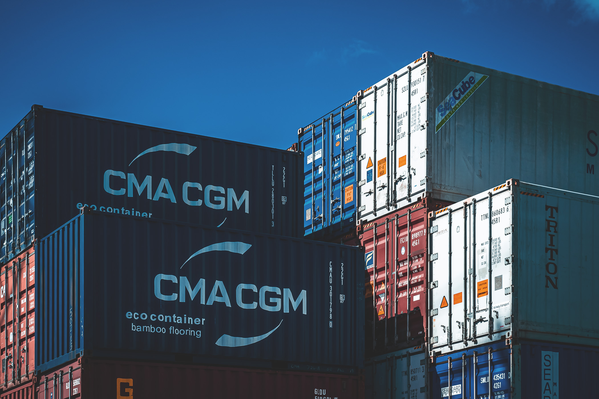 Cargo containers stacked at the Port of George Town, Grand Cayman.