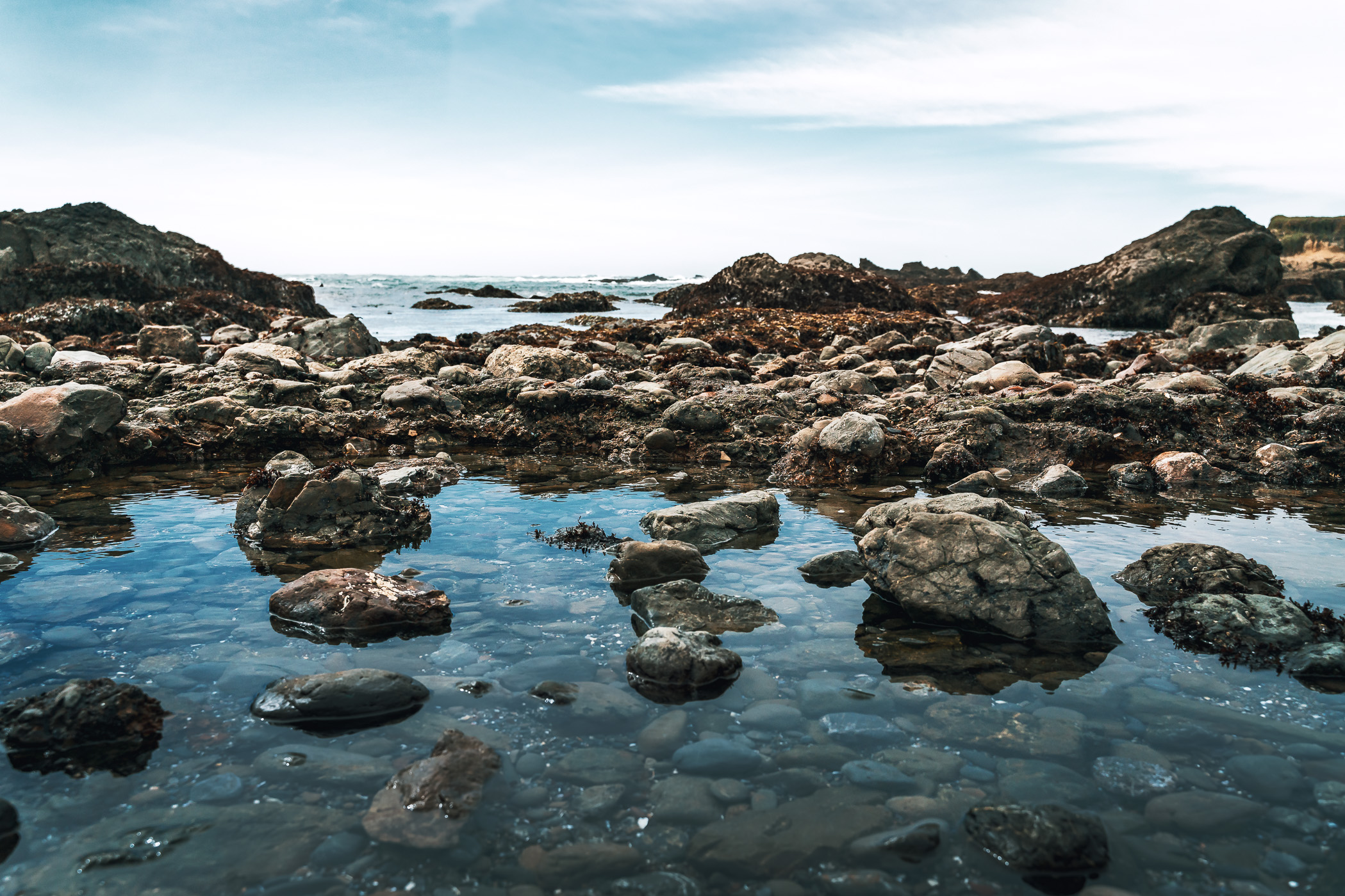 The rocky shore of Glass Beach, Fort Bragg, California.