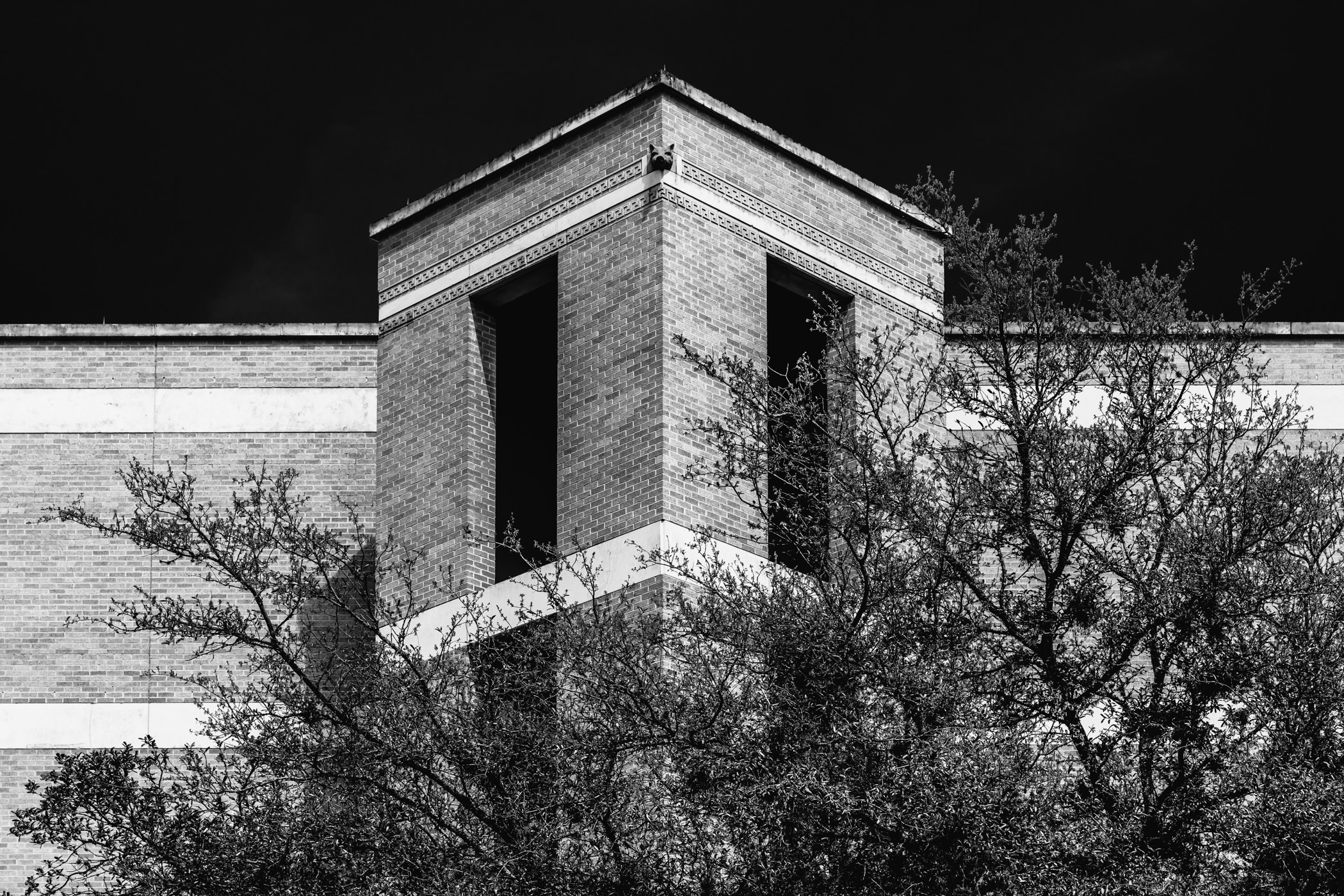 A fanciful architectural flourish of a pig's head atop an exterior stairwell at the CVE Lab Building, Texas A&M University.