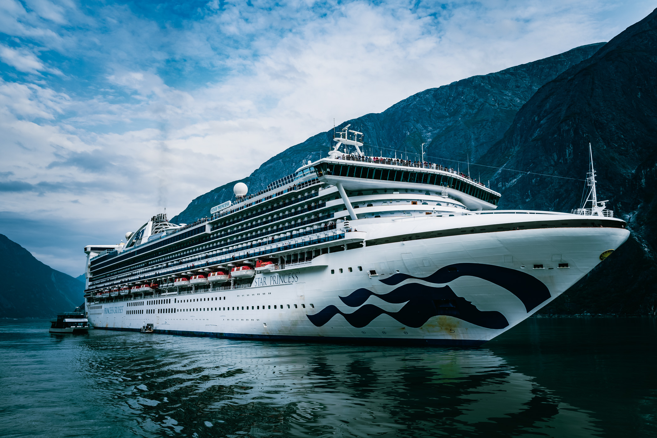 The cruise ship Star Princess among the rugged landscape of Alaska's Tracy Arm Fjord.