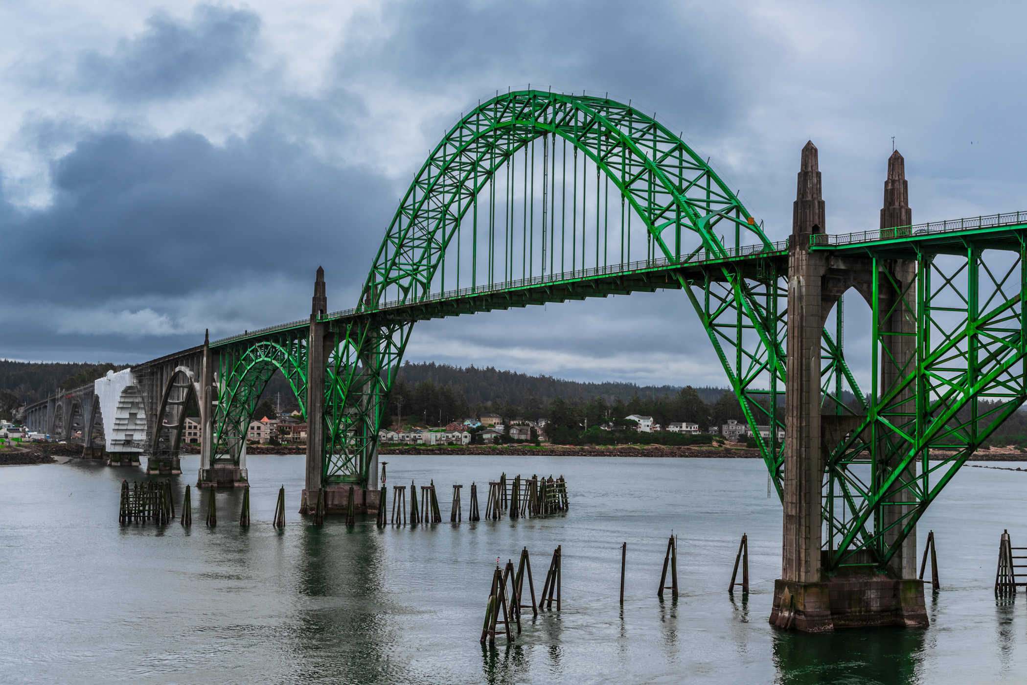 The 1936 Yaquina Bay Bridge carries traffic over its namesake bay in Newport, Oregon.