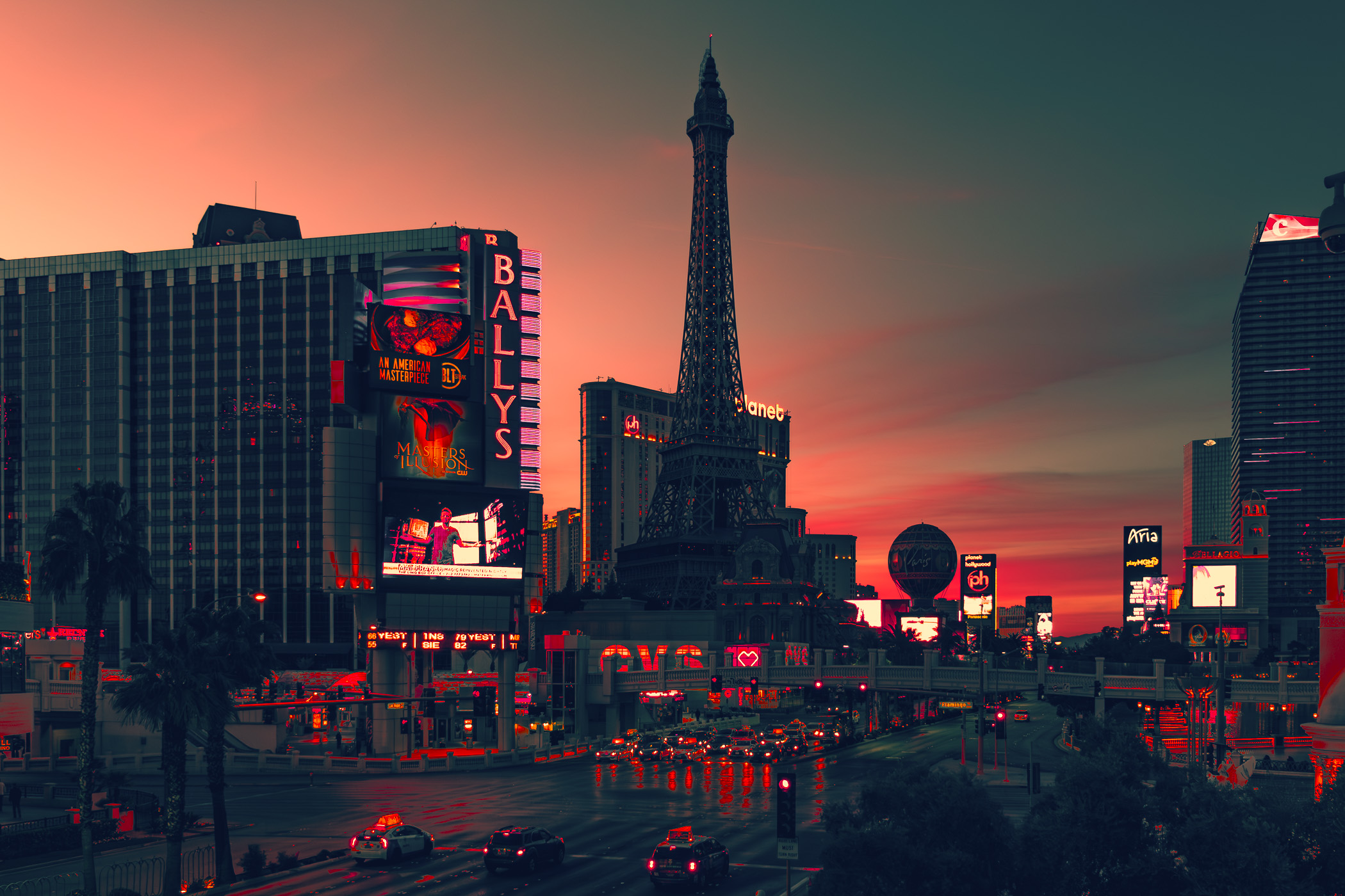 The first light of morning on the Las Vegas Strip.