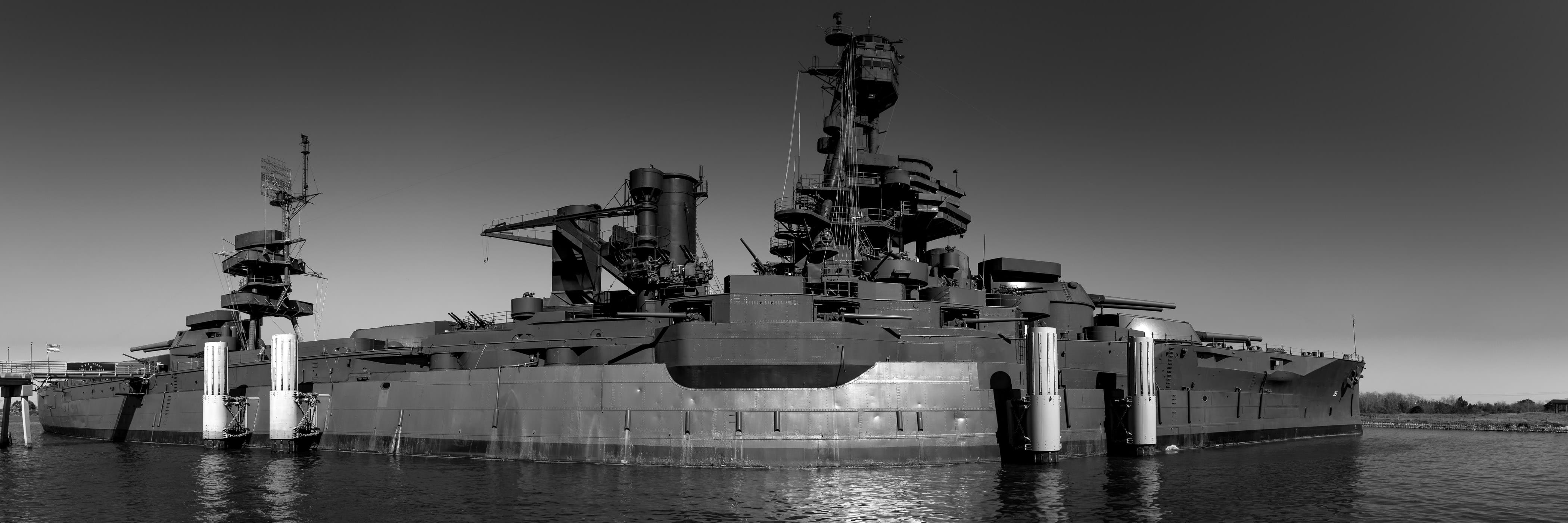 The battleship USS Texas, nicknamed “The Mighty T”, sits in her berth as a museum ship near Houston, prior to be towed to nearby Galveston for major repairs in 2022.
