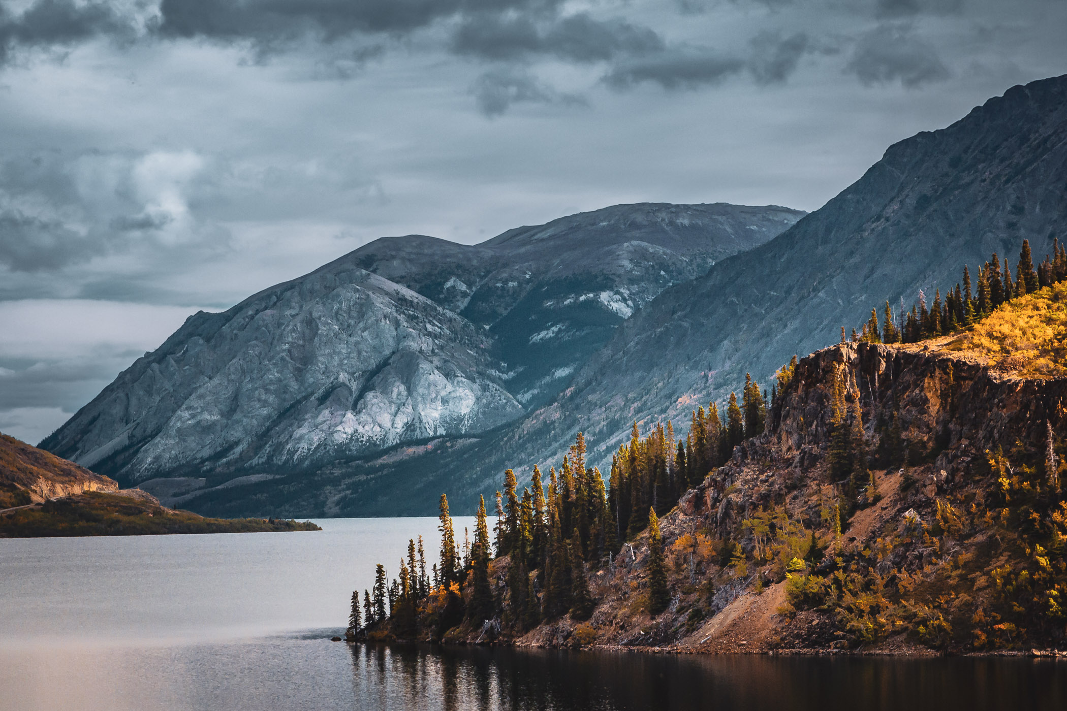 The rugged, mountainous landscape of Tagish Lake, near the Yukon Territory-British Columbia border, Canada.