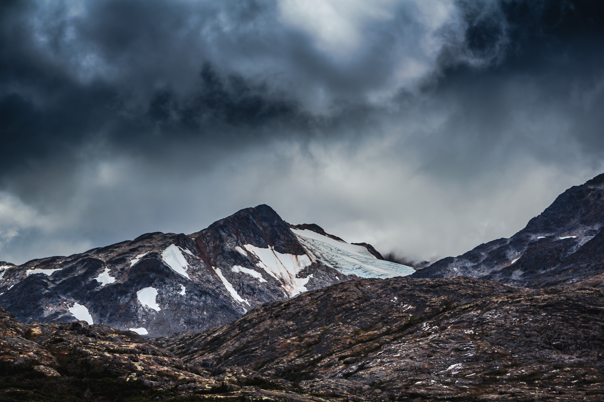 Low clouds over mountains along the Klondike Highway near Atlin, British Columbia.