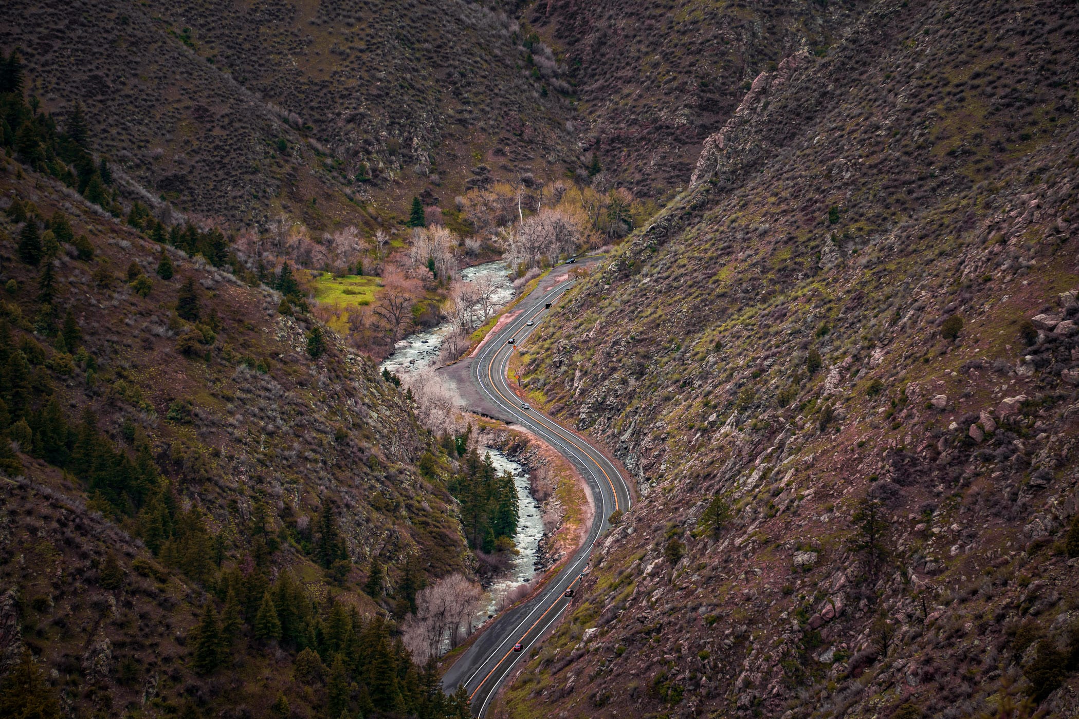 Clear Creek Canyon Road weaves through its namesake in the Rocky Mountains near Golden, Colorado.