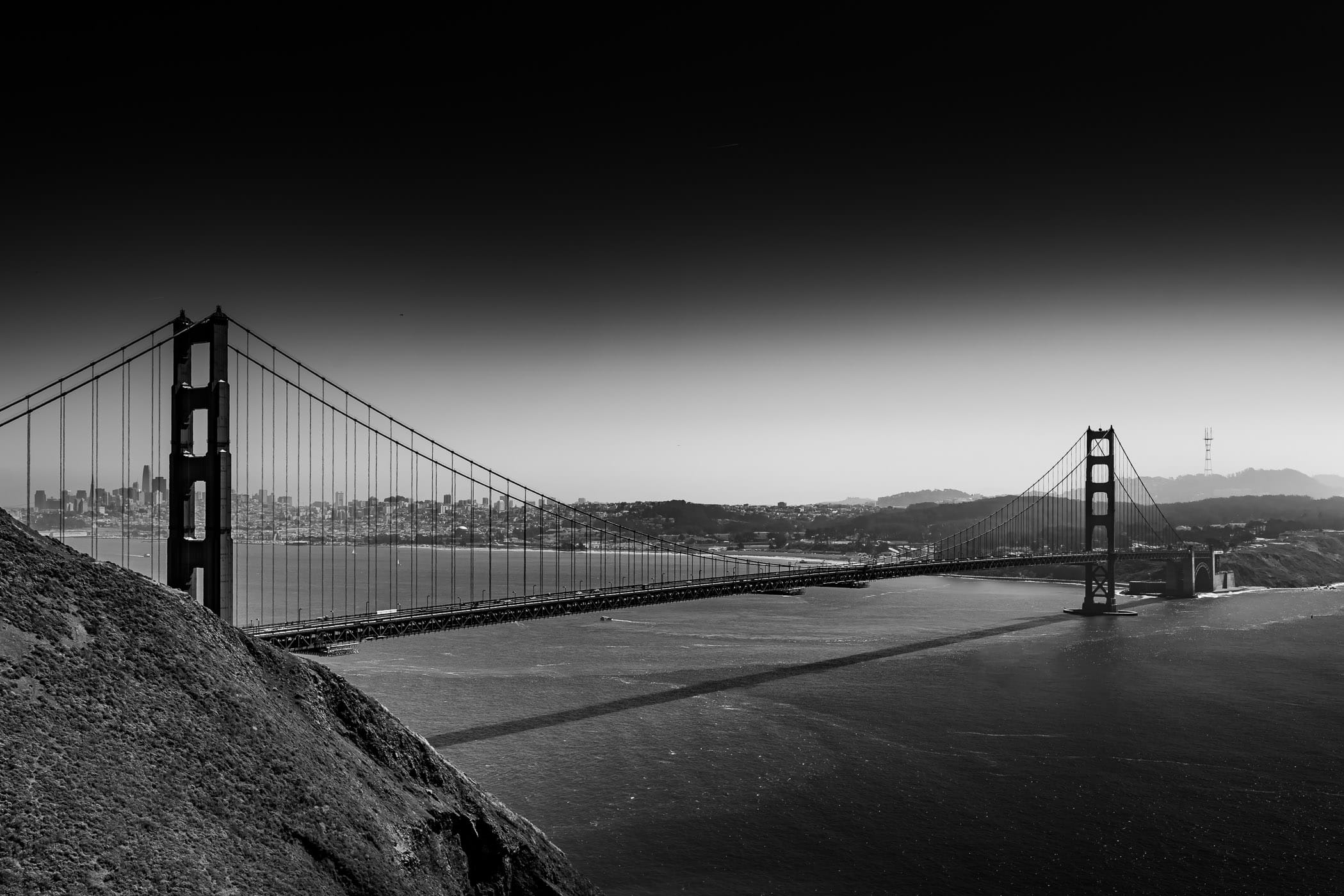 The Golden Gate Bridge spans the entrance to San Francisco Bay as seen from the Marin Headlands.