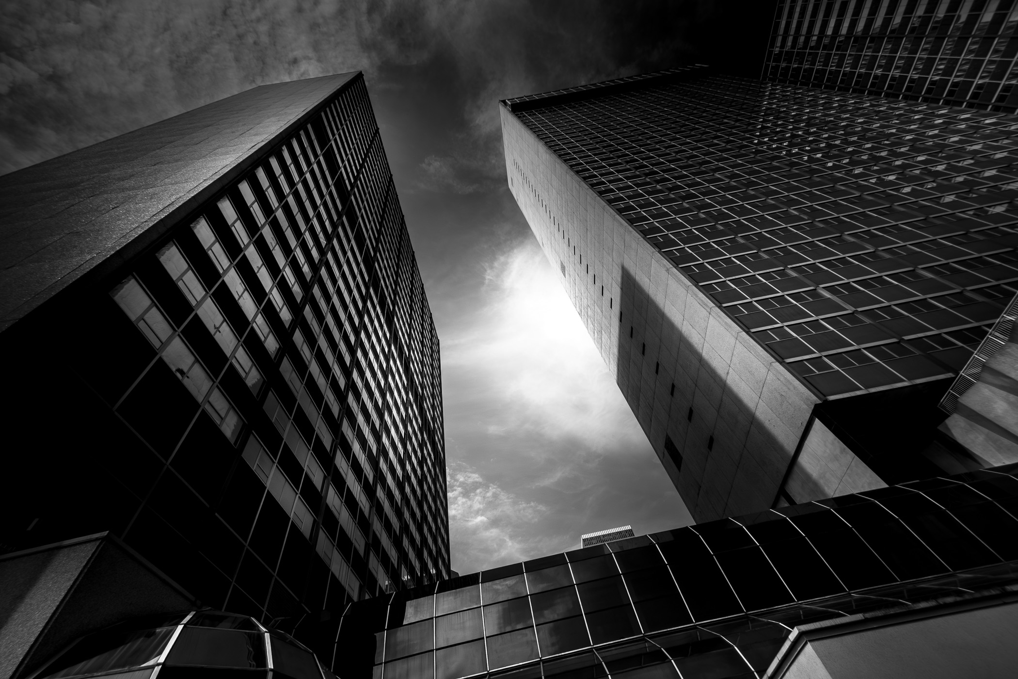 The three towers of the Sheraton Dallas Hotel—originally opened in 1959 as the Southland Center—rise into the Downtown Dallas sky.