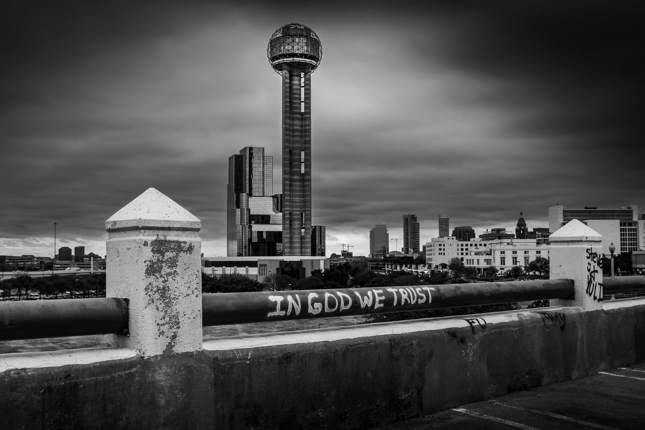Dallas' Reunion Tower, as seen from a nearby abandoned parking garage.