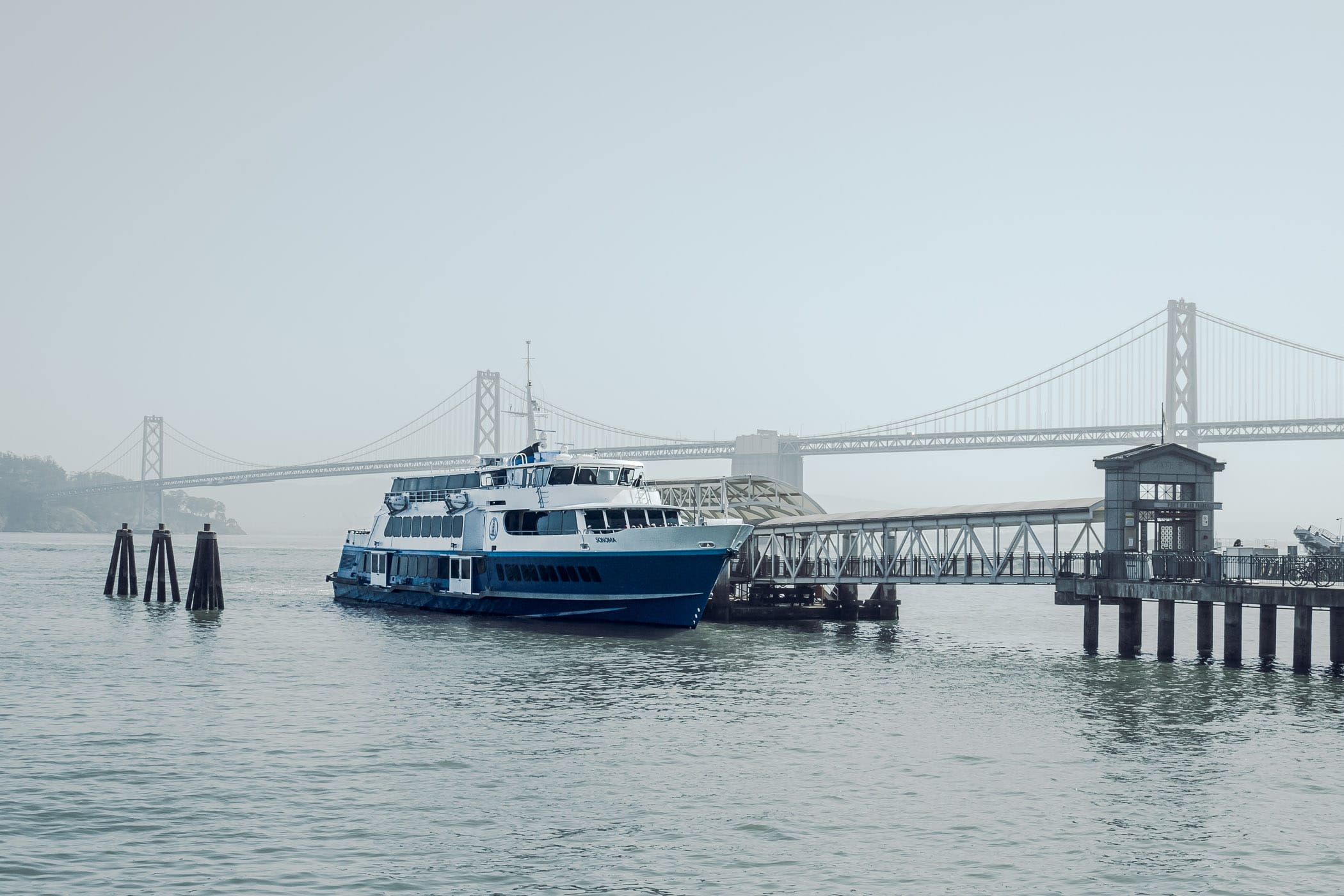 The Golden Gate Ferries' Sonoma waits at the San Francisco Ferry Building to take aboard passengers.