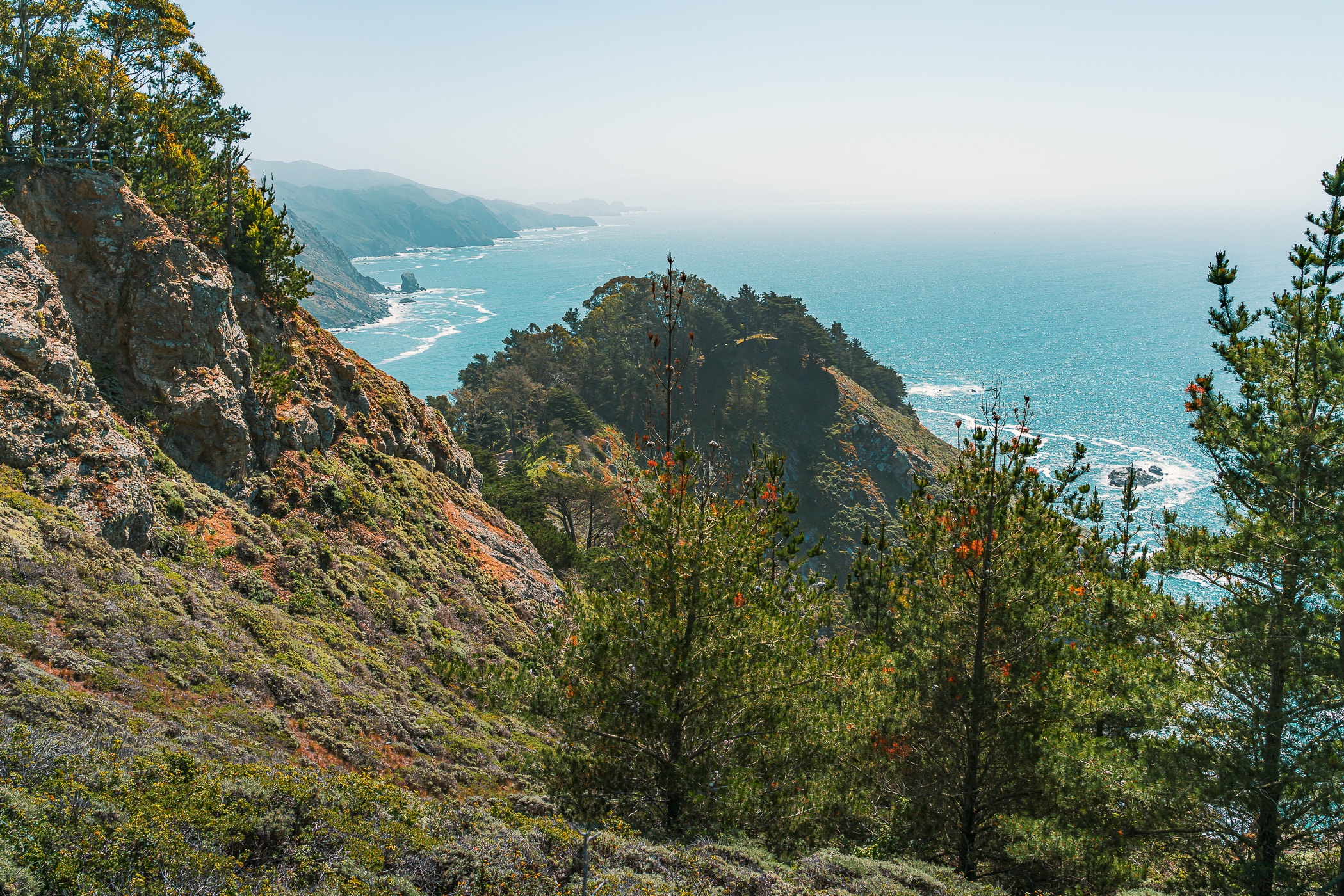 An overlook provides a view of Muir Beach, California.