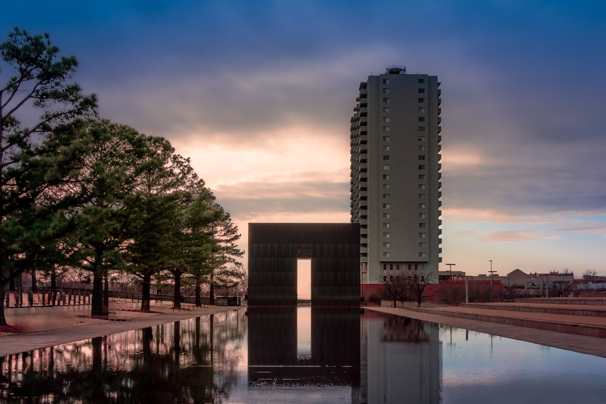 Evening on the Oklahoma City National Memorial in Downtown Oklahoma City.