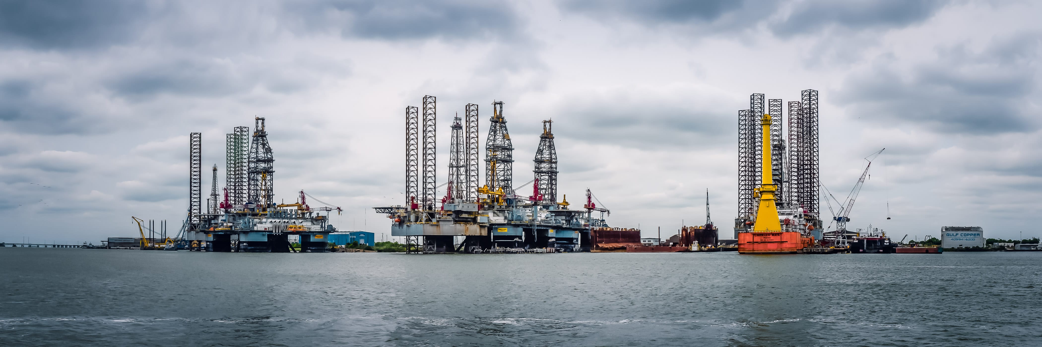 Oil platforms in storage at Pelican Island, Galveston, Texas.