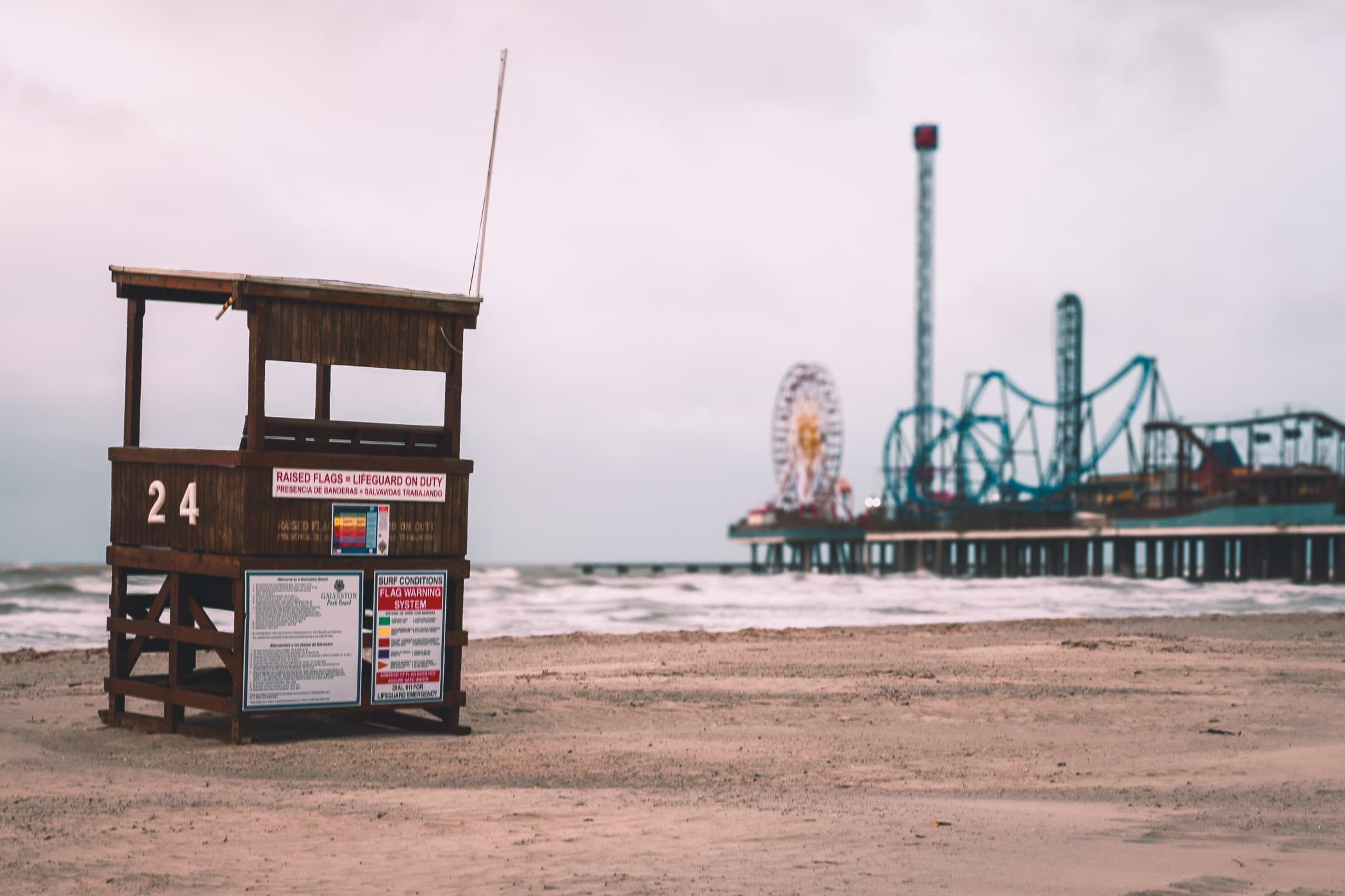 A lifeguard station stands empty on a cold day in Galveston, Texas.