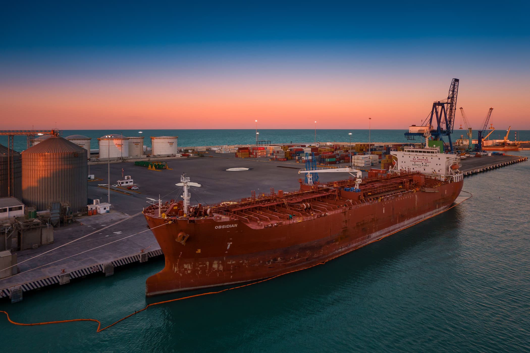 The chemical tanker Obsidian, docked in the evening sun at the Terminal Remota, Progreso, Mexico.