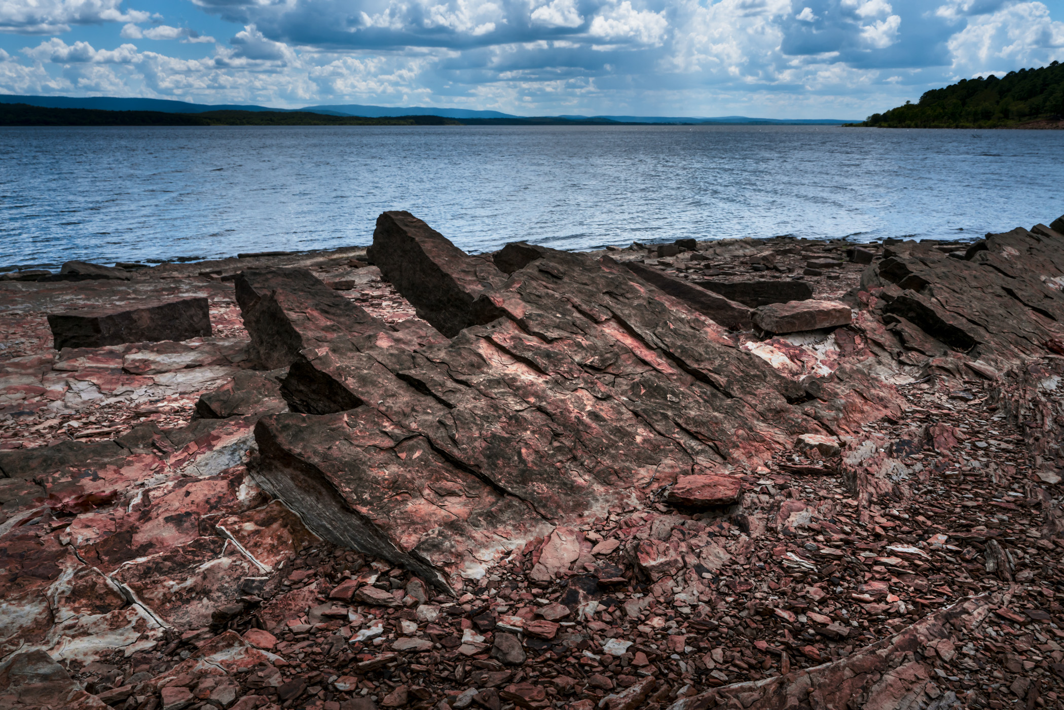 The rocky shore of Oklahoma's Lake Wister.