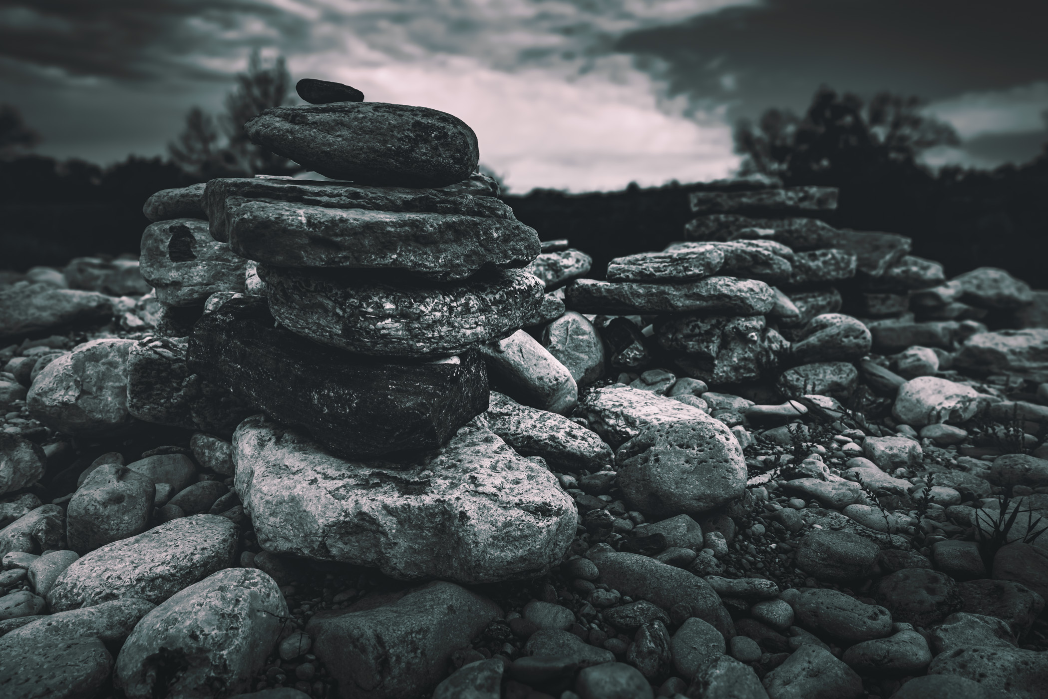 Stacked rocks in the dry riverbed of the Llano River near Mason, Texas.