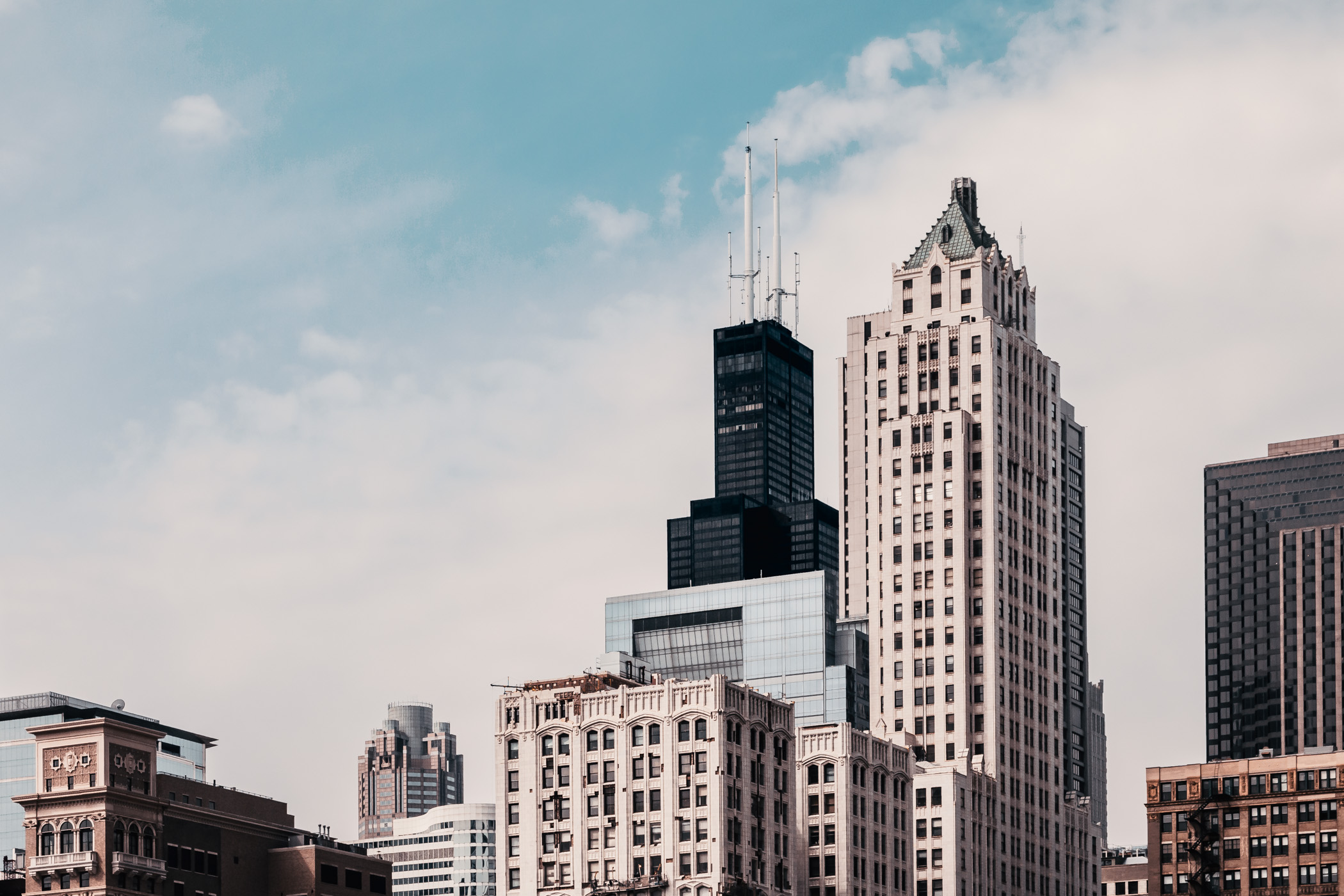 The Willis Tower—formerly known as the Sears Tower—and the Pittsfield Building, among other skyscrapers, form part of the Chicago skyline.