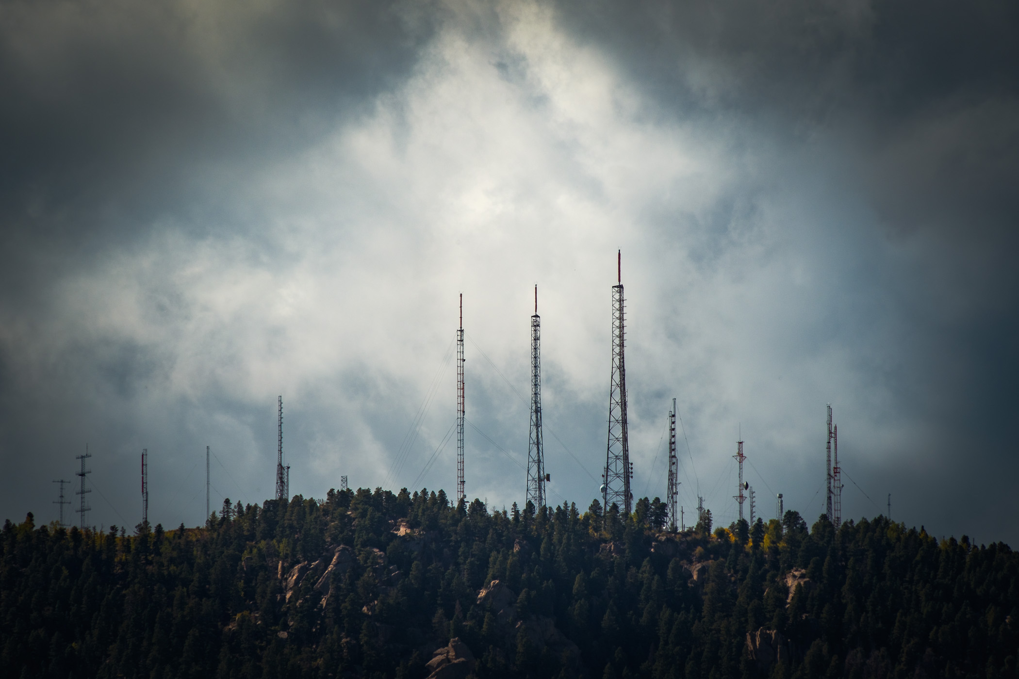 The extensive communications infrastructure of the United States Government's Cheyenne Mountain Complex—former headquarters of NORAD—atop Cheyenne Mountain, Colorado Springs, Colorado.